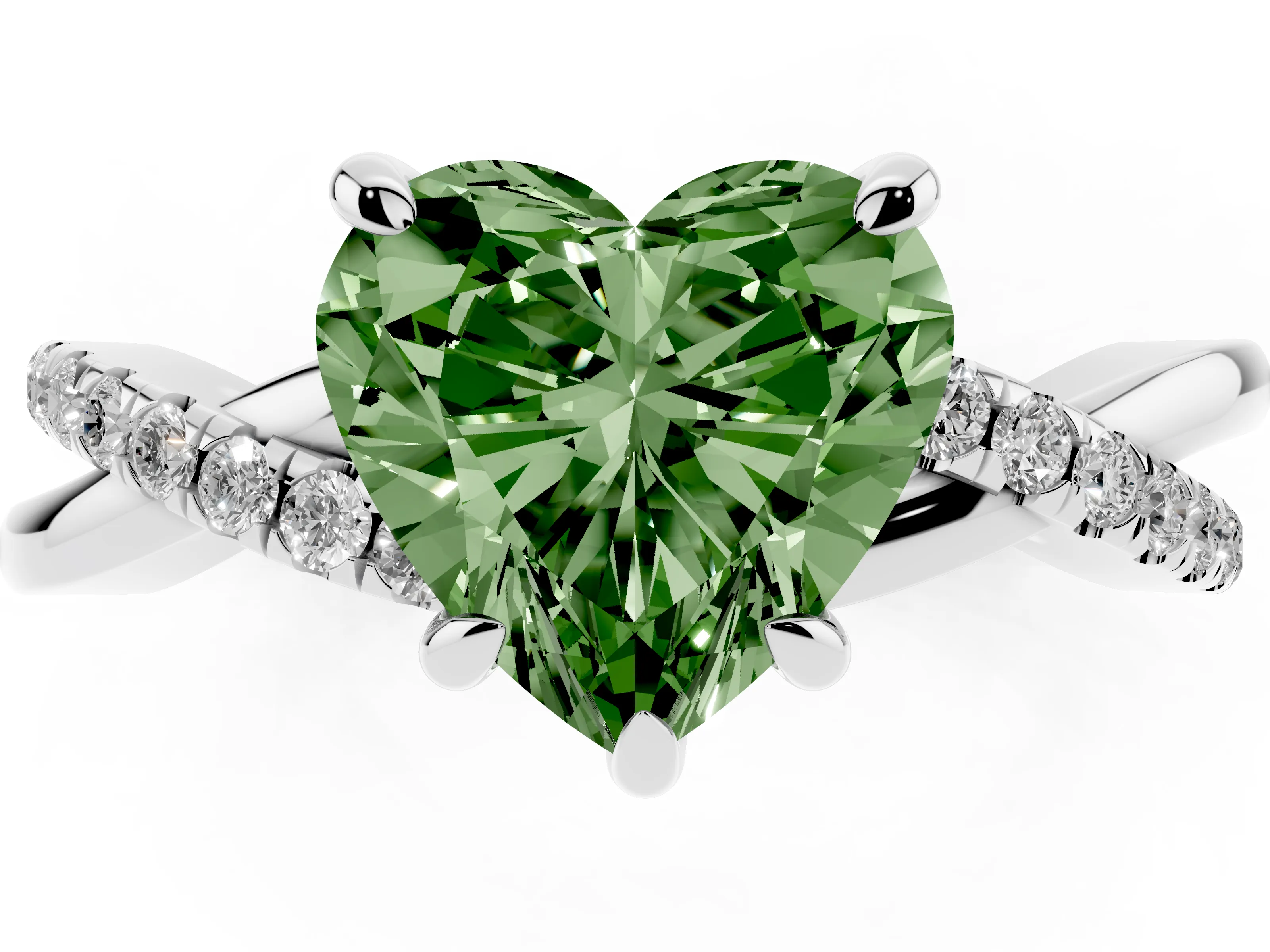 Fancy Green Heart Cut Diamond Twist Band Solitaire Set in White gold with Pavé Accents and Prong Setting