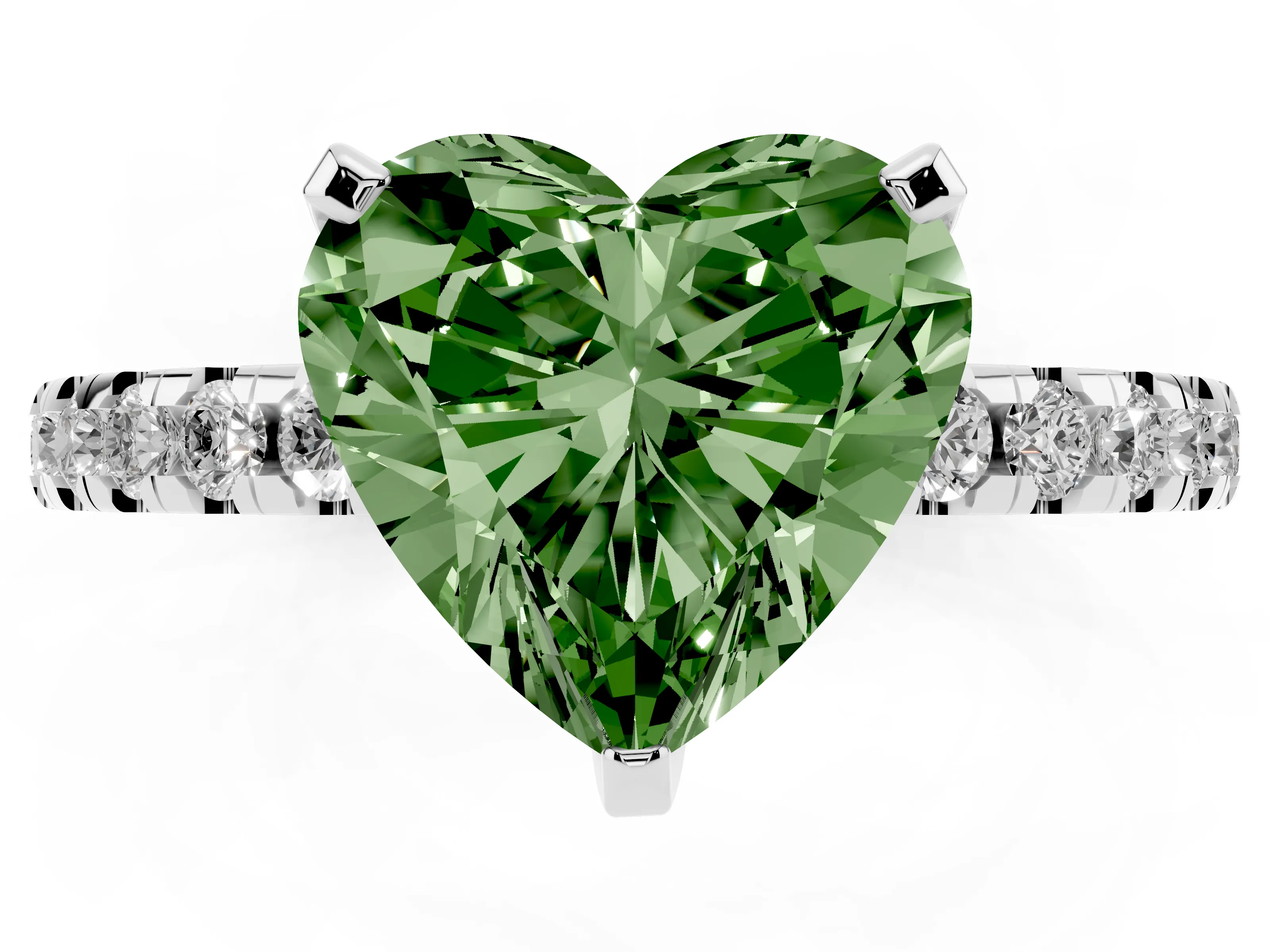 Fancy Green Heart Cut Diamond Pavé Solitaire Ring Set in White gold with Round Band Accents and Prong Setting