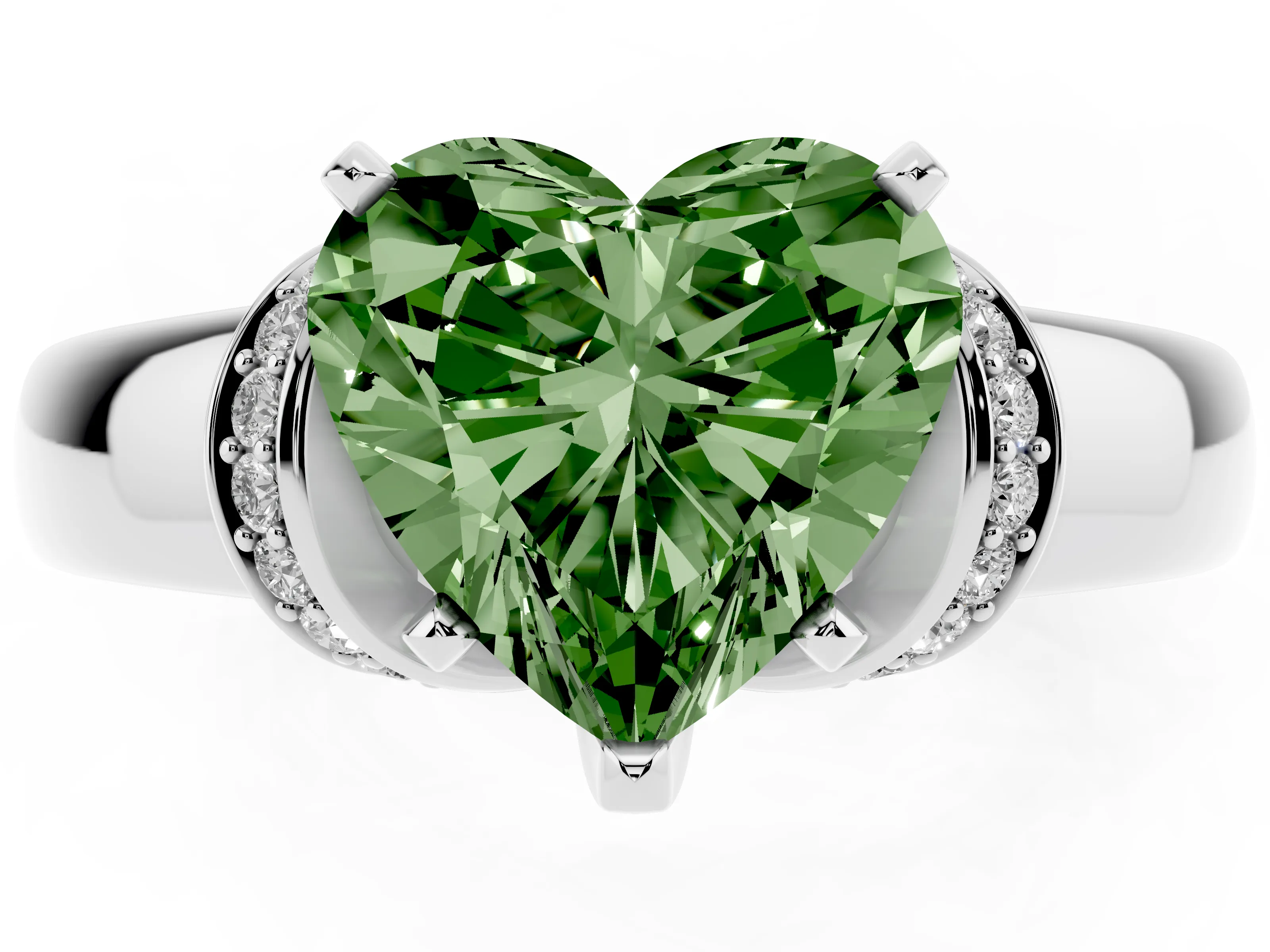 Fancy Green Heart Cut Diamond Pavé Band Solitaire Ring Set in Platinum with Prong Setting