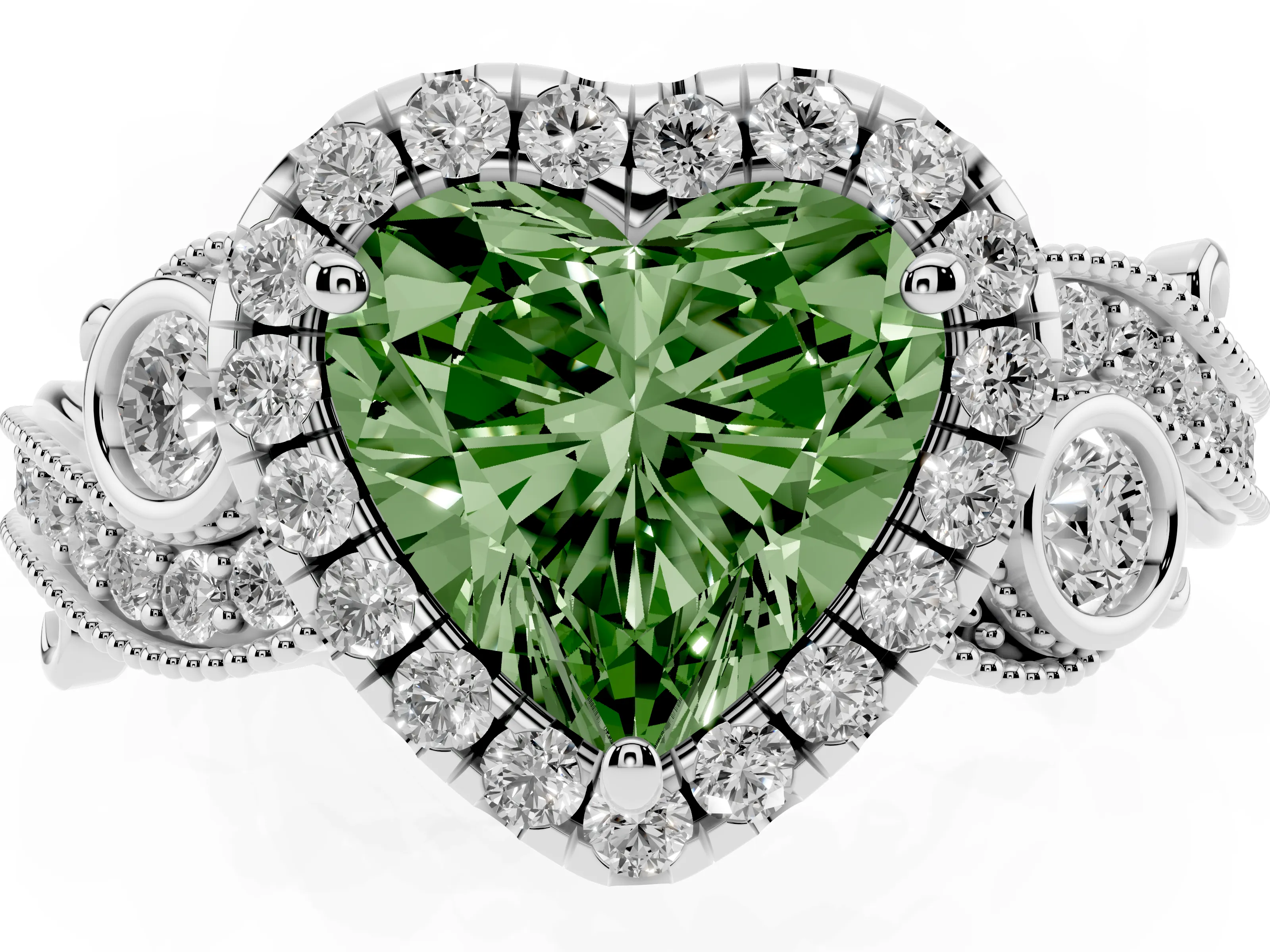Fancy Green Heart Cut Diamond Halo Ring Set in White gold with Milgrain Pavé Band and Prong Setting