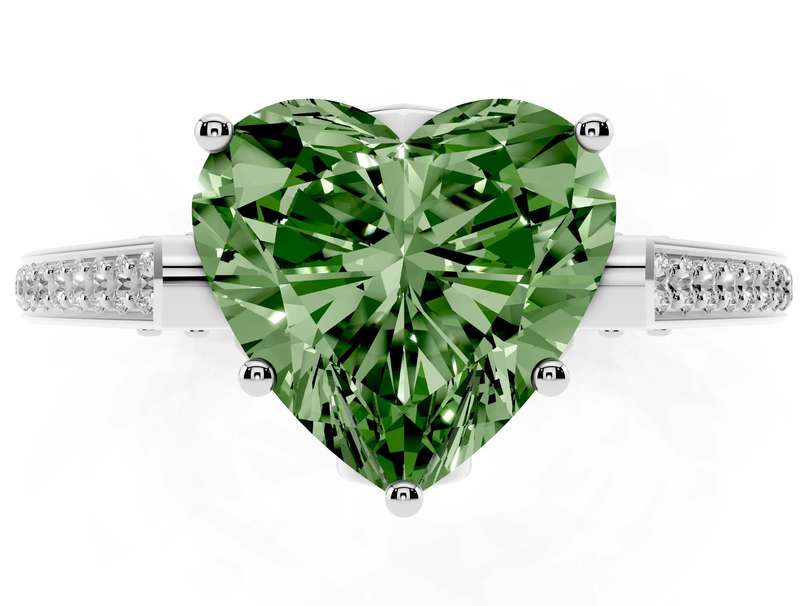 Fancy Green Heart Cut Diamond Cathedral Pavé Engagement Ring Set in Silver with Prong Setting