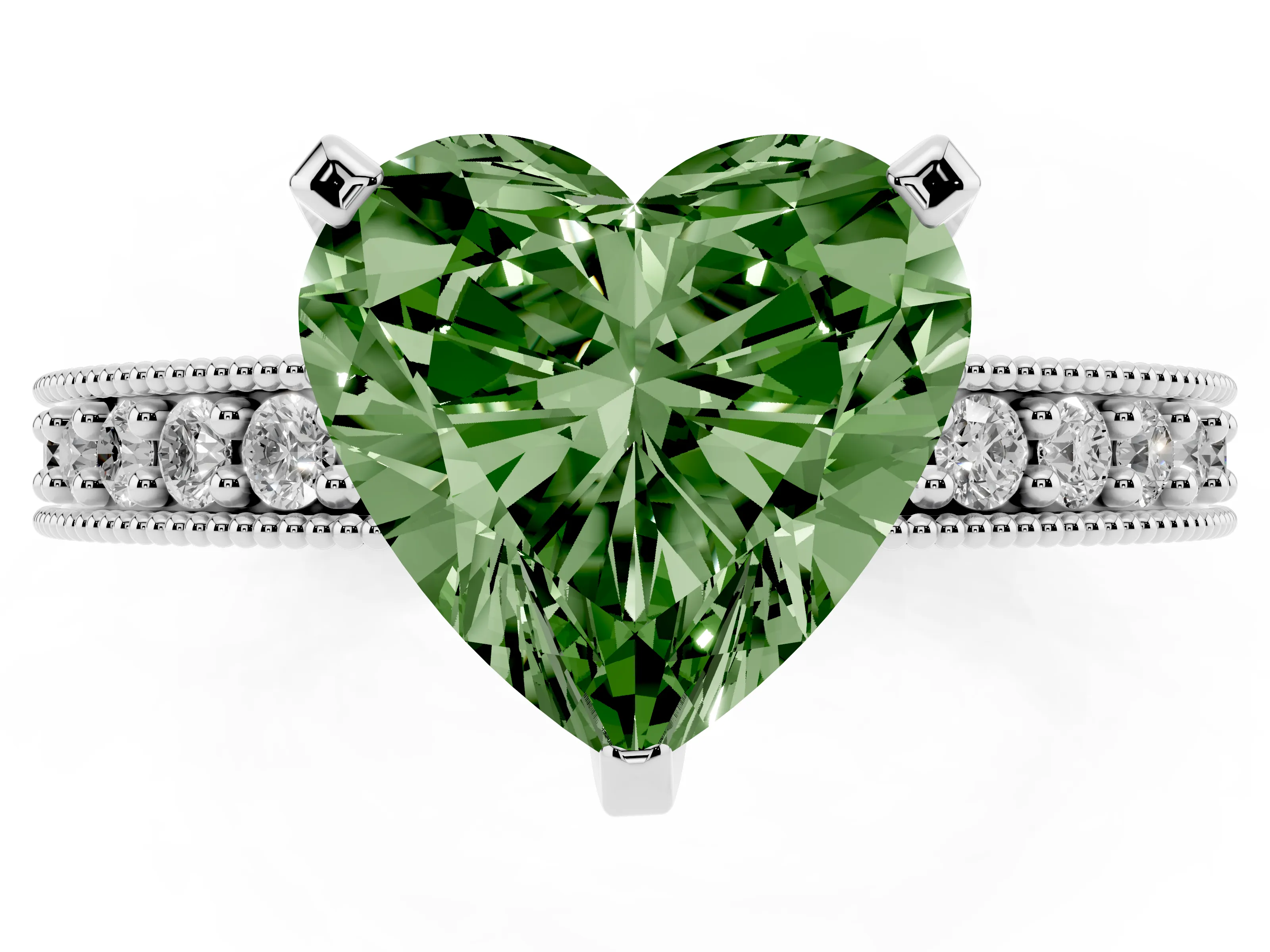 Fancy Green Heart Cut Diamond Milgrain Pavé Engagement Ring Set in Silver with Prong Setting