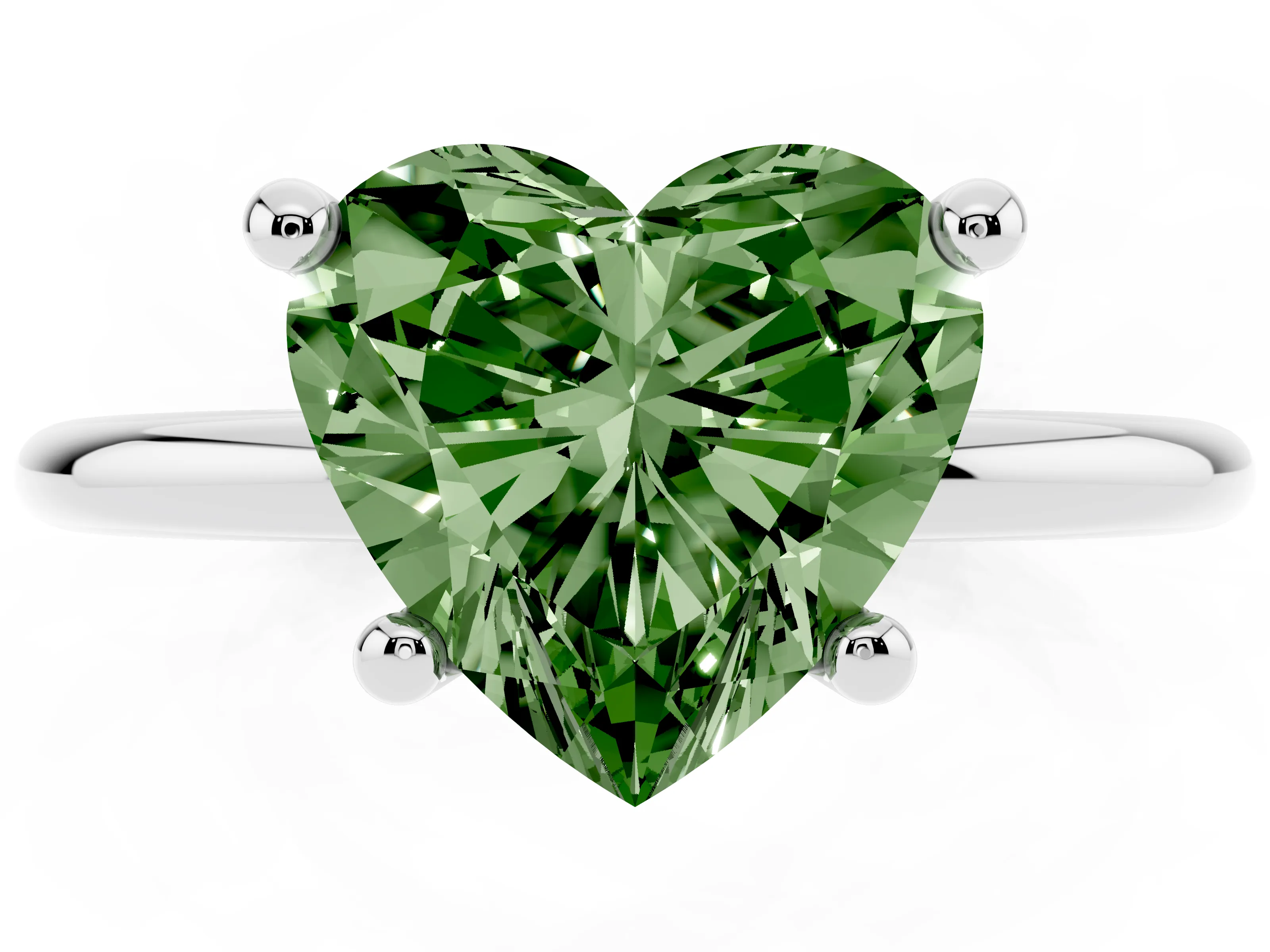 Fancy Green Heart Cut Diamond Solitaire Ring Set in Silver with Secure Prong Setting on a Classic Band