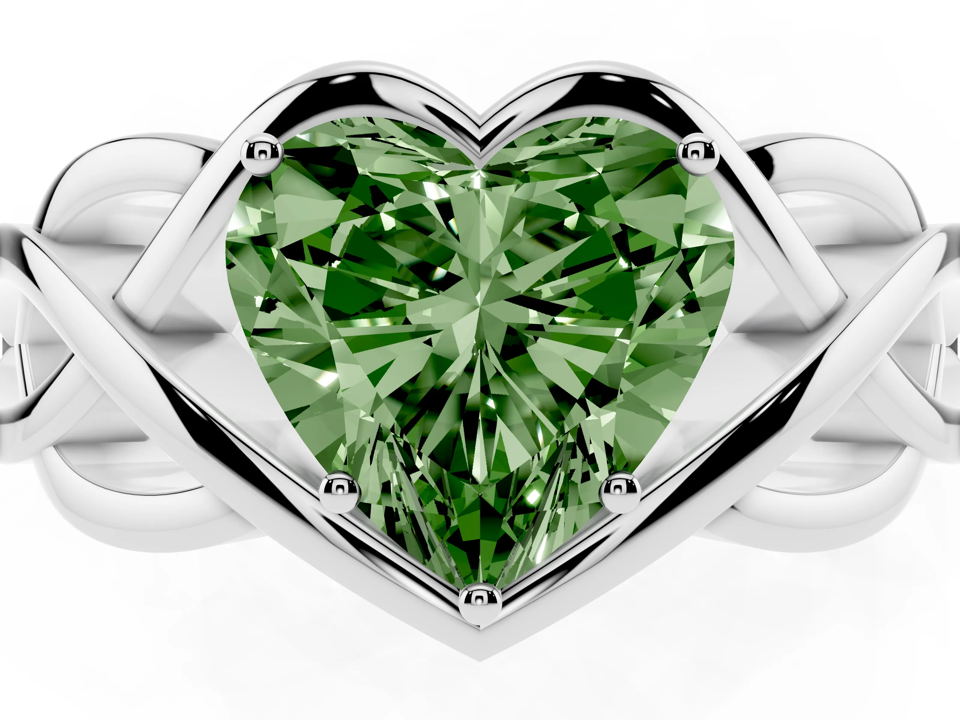 Fancy Green Heart Cut Diamond Solitaire Ring Set in Platinum with Intertwined Band