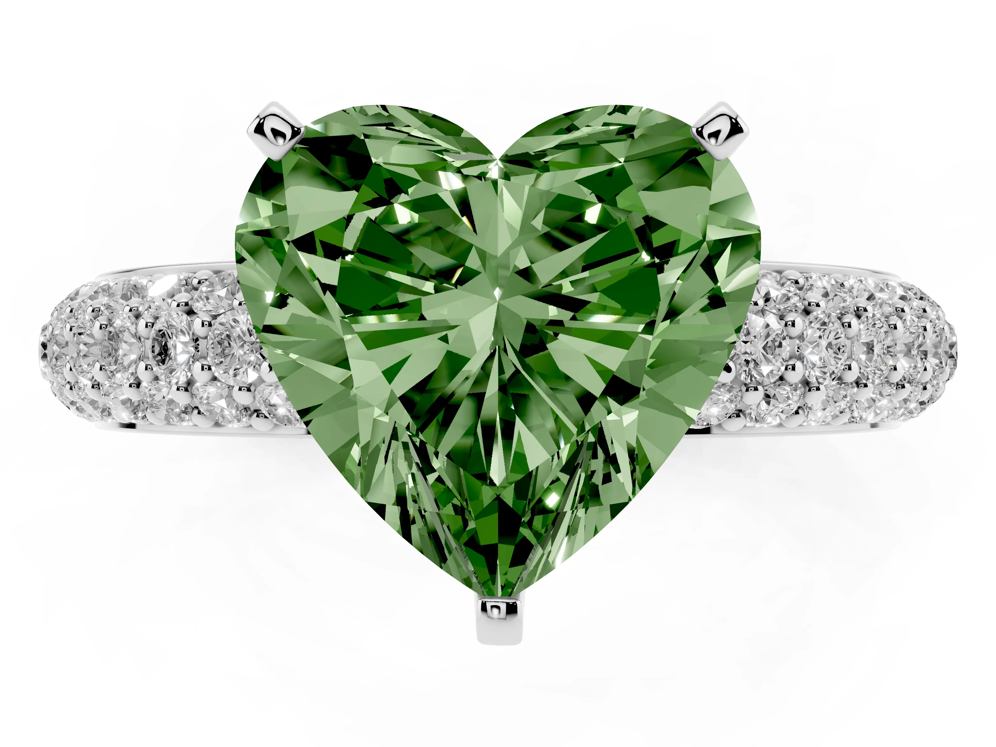 Fancy Green Heart Cut Diamond Solitaire Ring Set in Platinum with Prong Setting and Pavé-Set Band