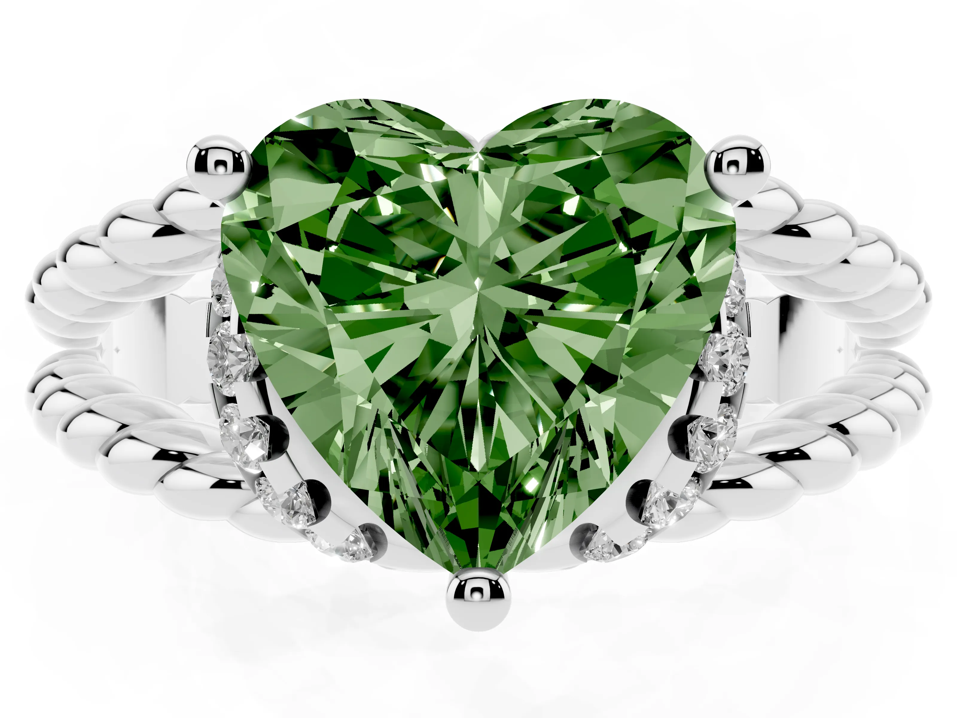 Fancy Green Heart Cut Diamond Halo Ring Set in White gold with Twisted Band and Prong Setting