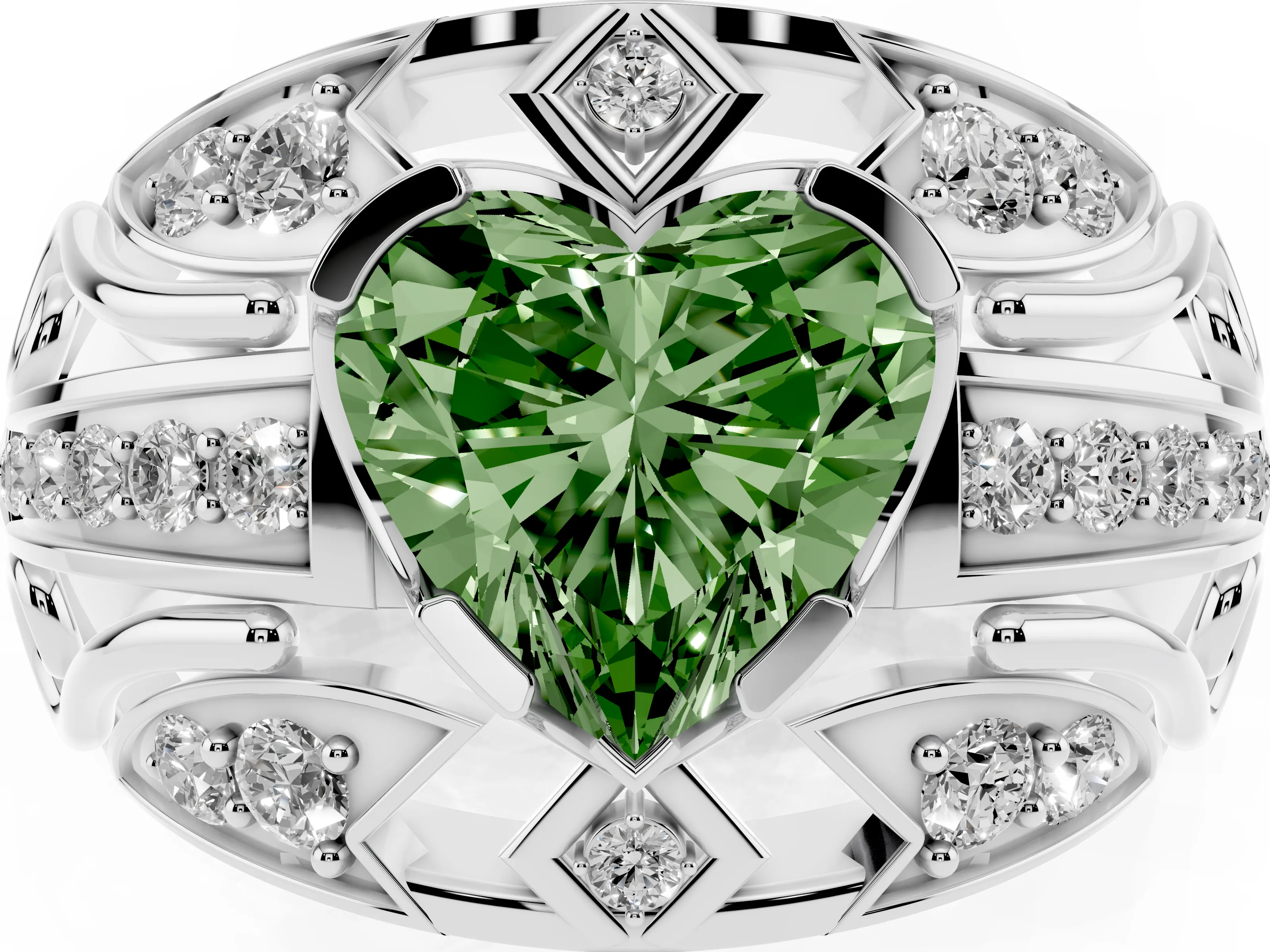 Fancy Green Heart Cut Diamond Art Deco Ring Set in Silver with Pavé Split Shank