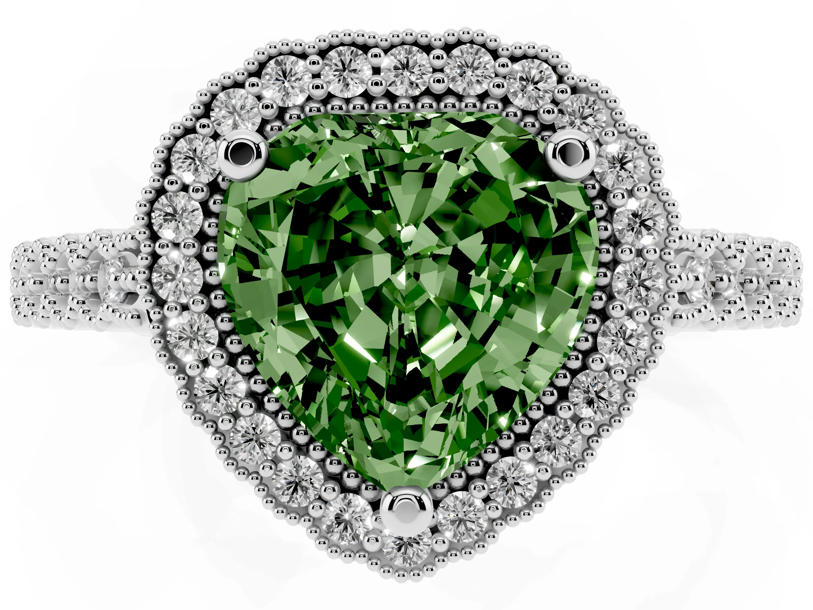 Fancy Green Heart Cut Diamond Halo Ring Set in Silver with Pavé Milgrain Band