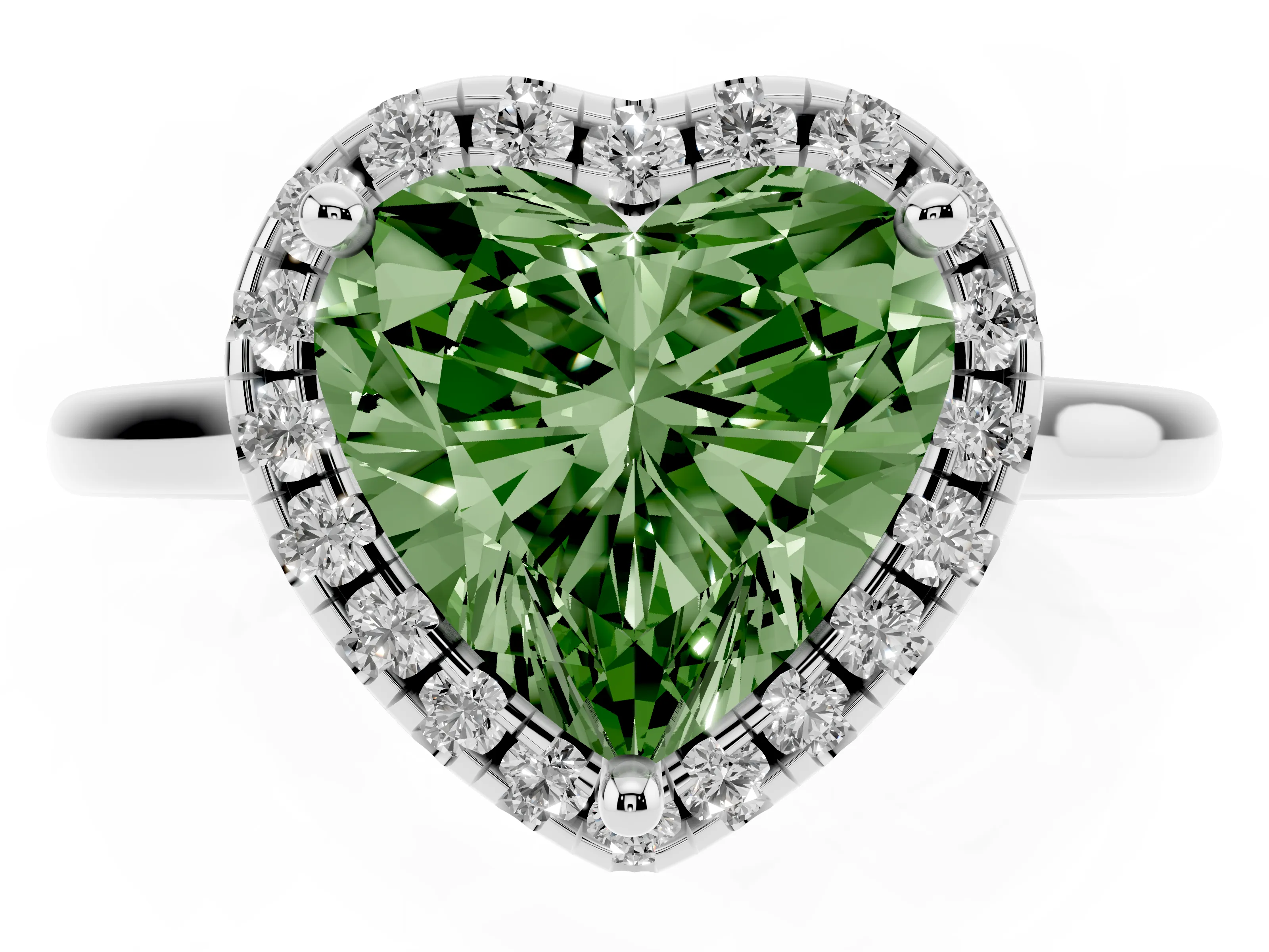 Fancy Green Heart Cut Diamond Halo Engagement Ring Set in White gold with Pavé Band and Rising Shoulders