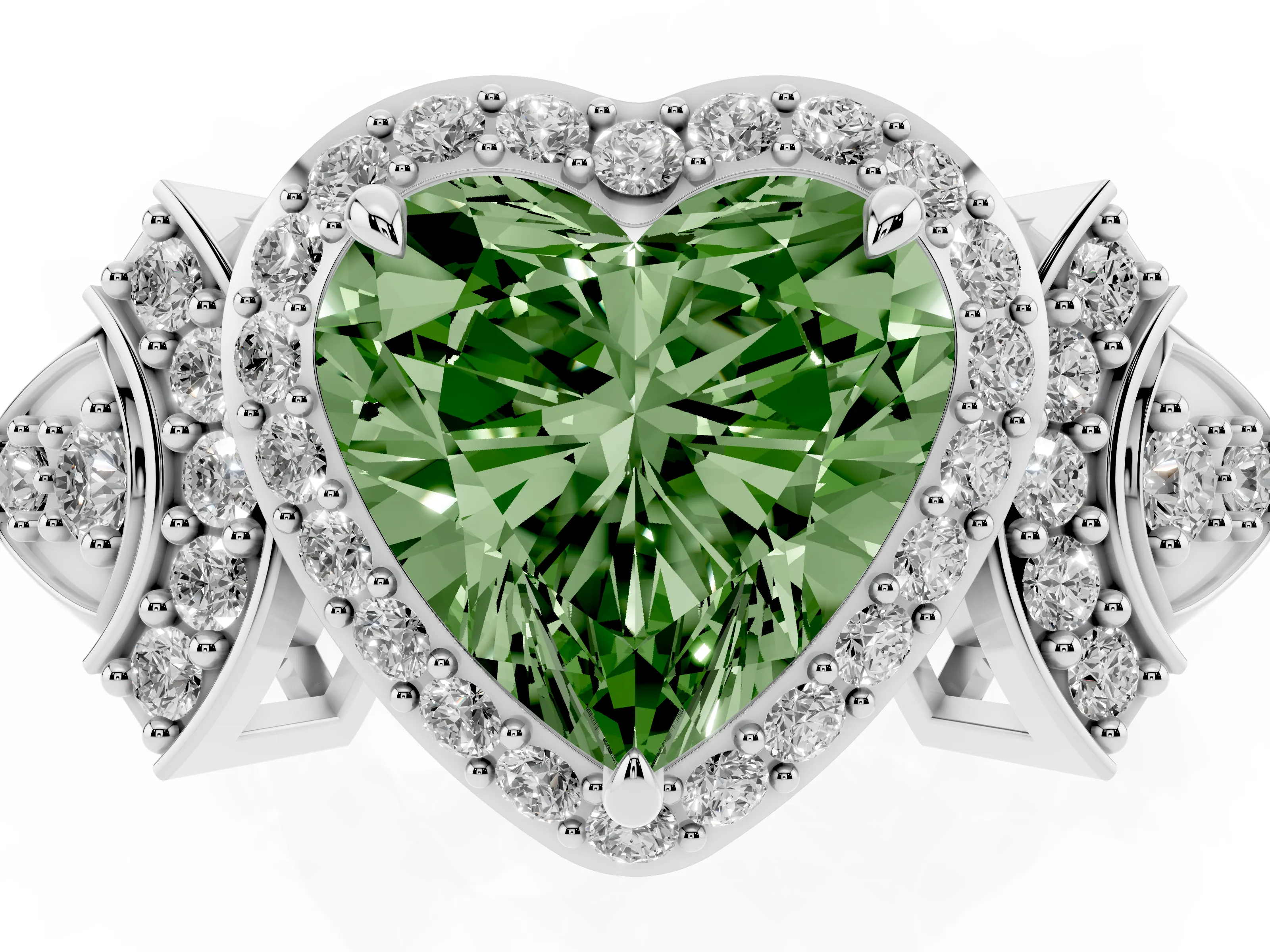 Fancy Green Heart Cut Diamond Halo Engagement Ring Set in Silver with Accent Stone Split Shank