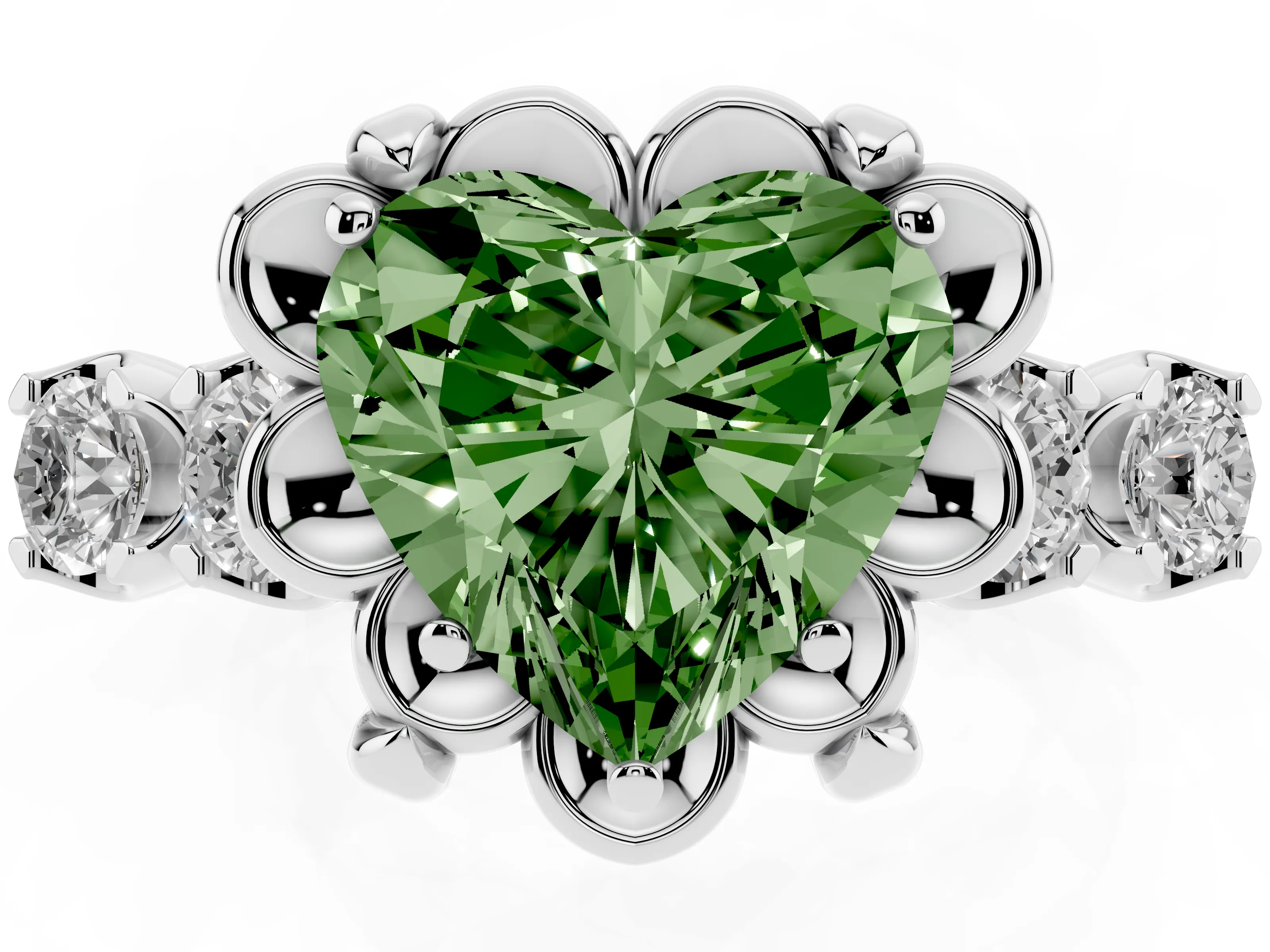 Fancy Green Heart Cut Diamond Floral Halo Ring Set in Silver with Shared Prong Band