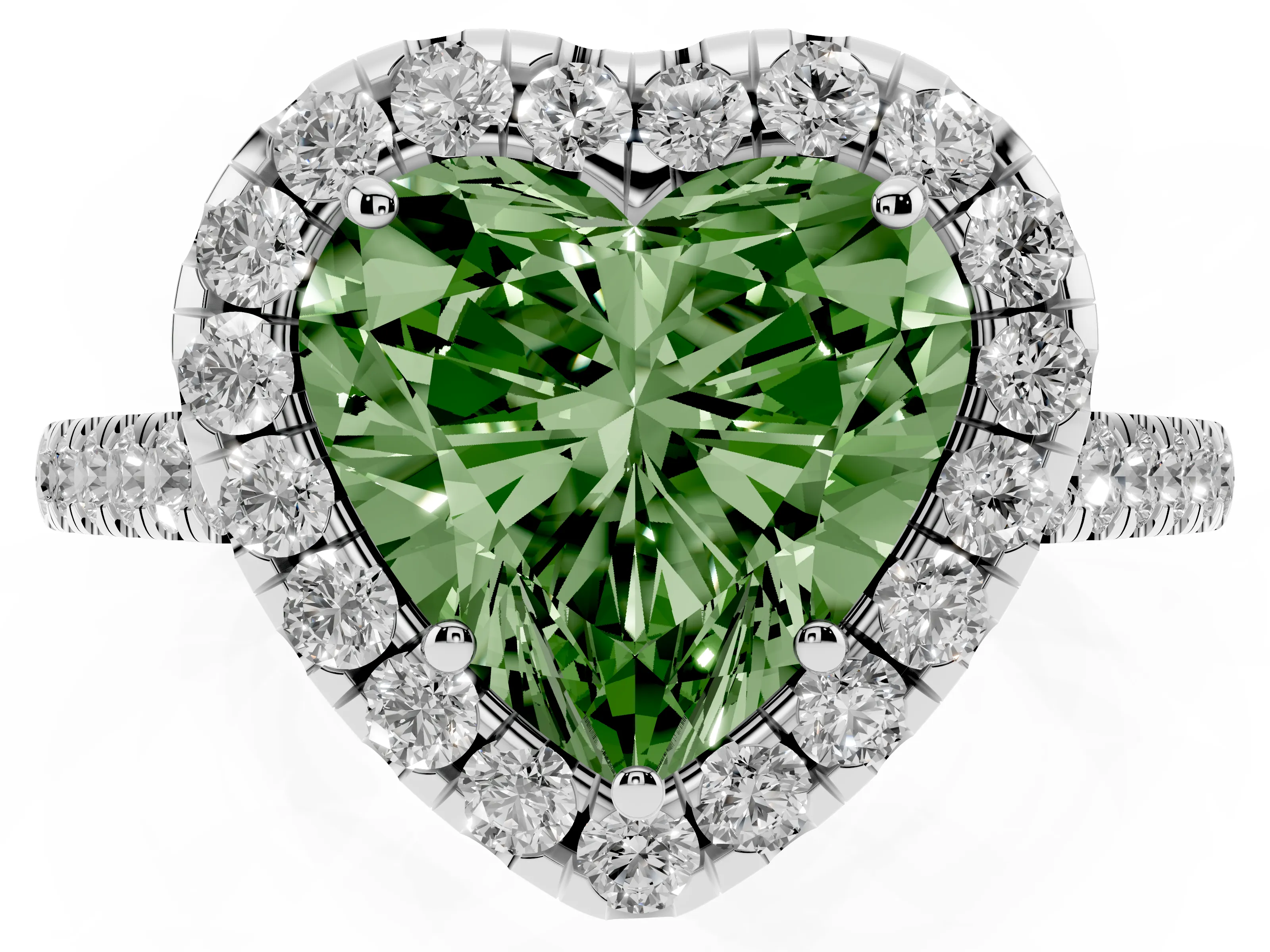 Fancy Green Heart Cut Diamond Halo Pavé Engagement Ring Set in Silver with Prong Setting