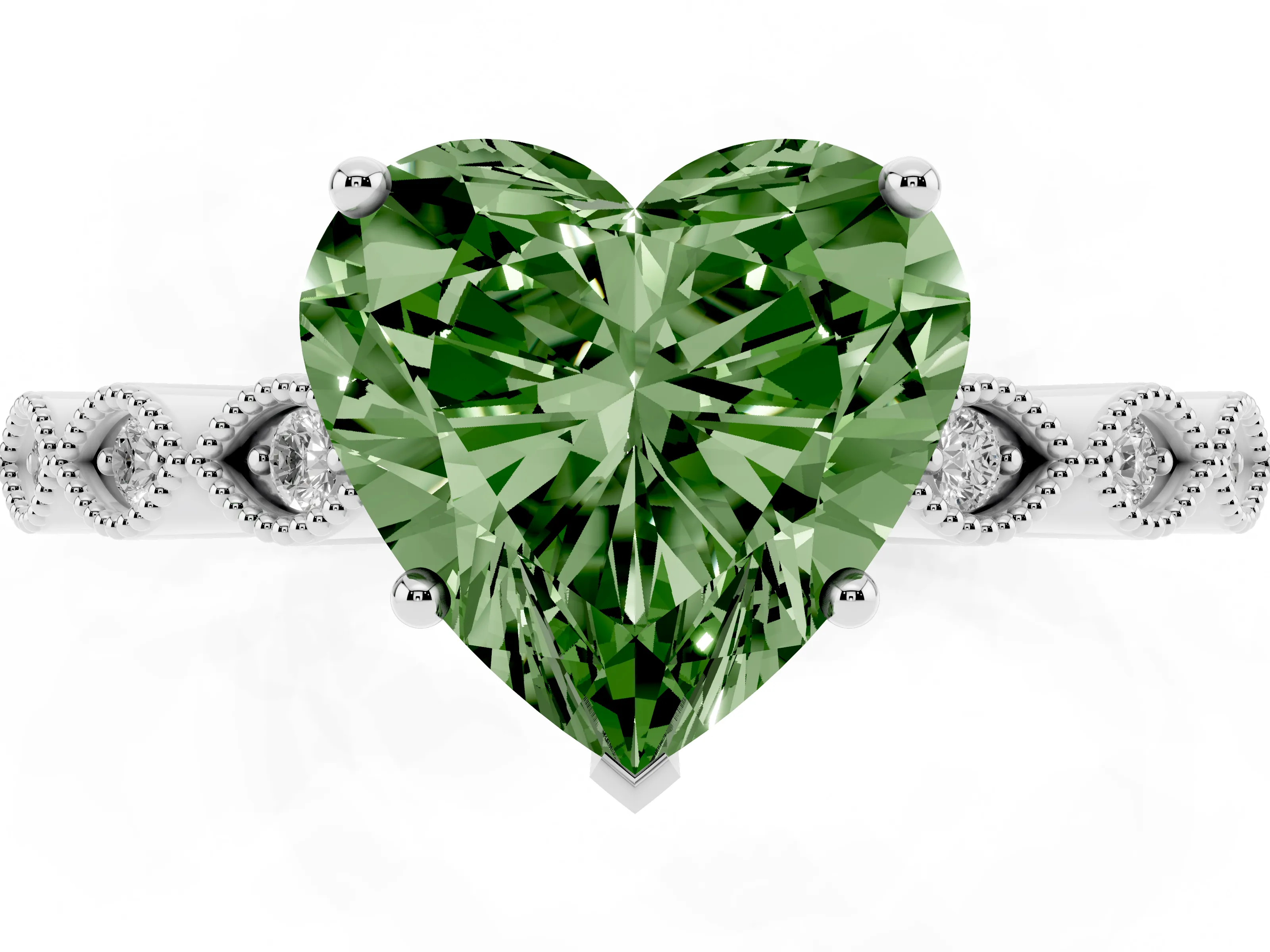 Fancy Green Heart Cut Diamond Solitaire Ring Set in Platinum with Infinity Twist Pavé Band