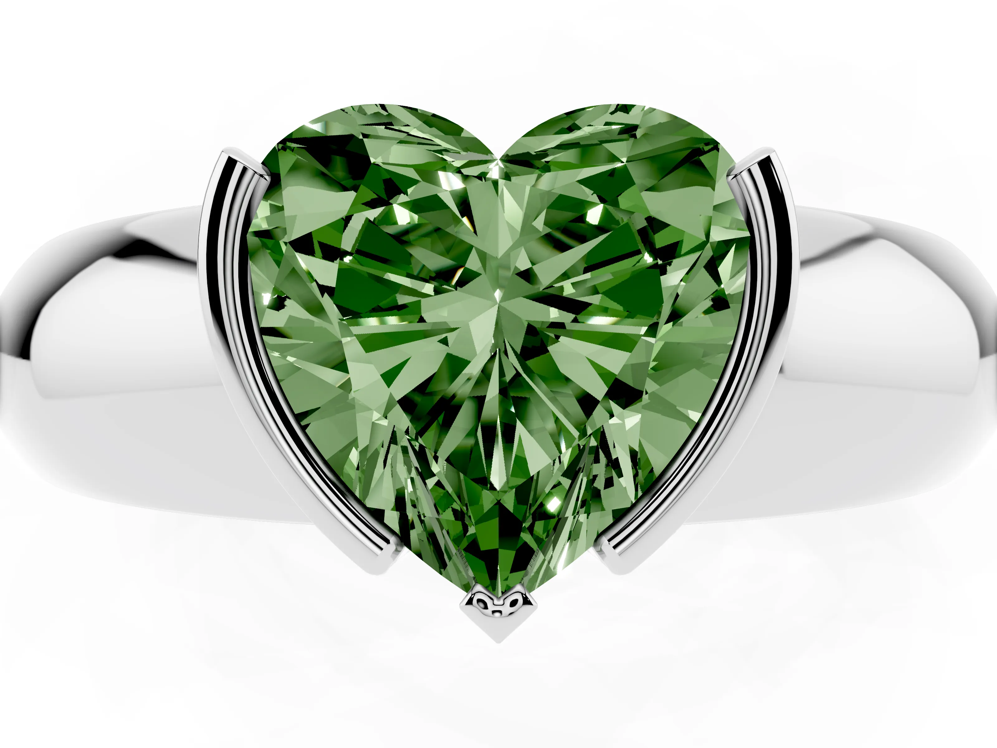 Fancy Green Heart Cut Diamond Solitaire Tension Set Ring Set in White gold with Wide Band