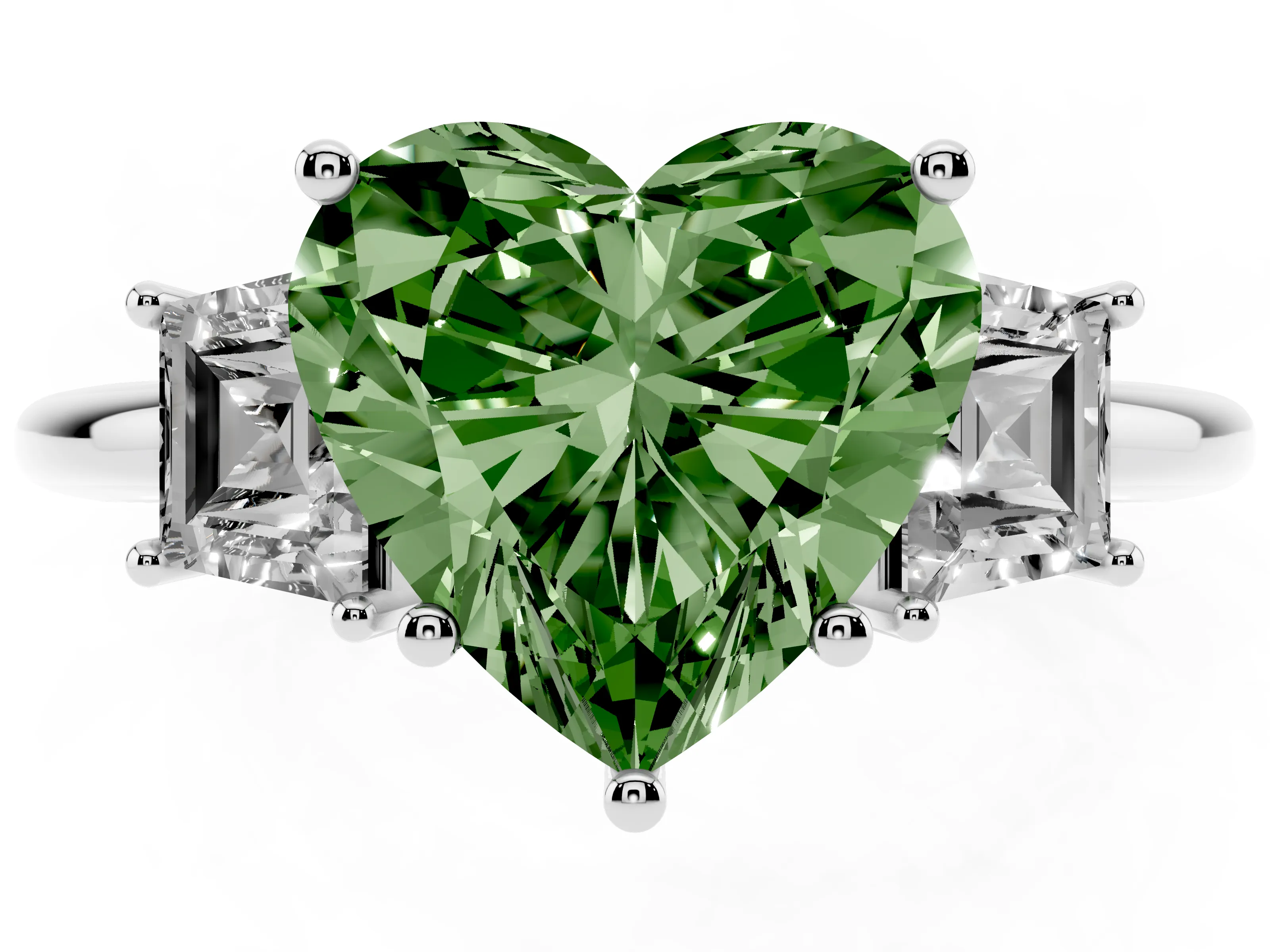 Fancy Green Heart Cut Diamond Three-Stone Ring Set in Silver with Trapezoid Side Stones and Prong Setting