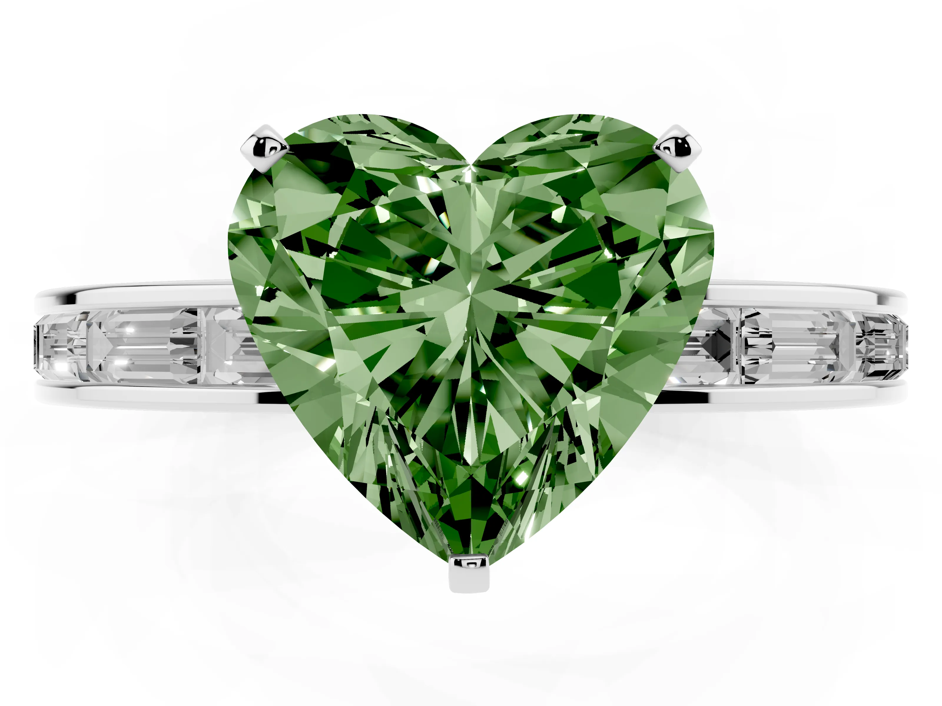Fancy Green Heart Cut Diamond Solitaire Ring Set in Silver with Channel-Set Baguette Band and Prong Setting