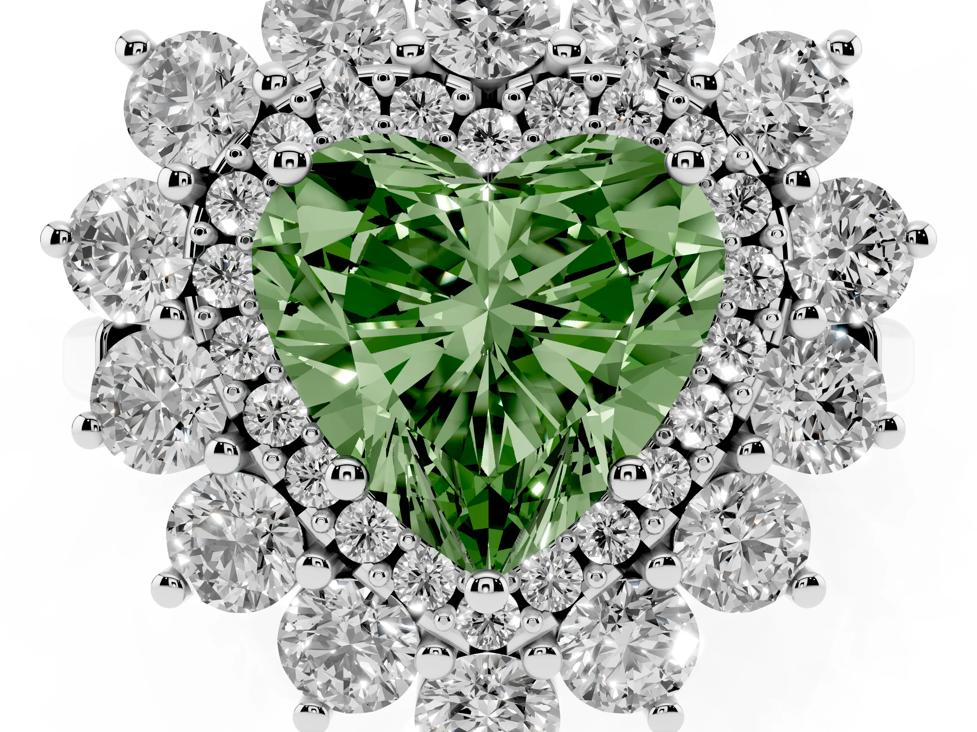 Fancy Green Heart Cut Diamond Floral Double Halo Ring Set in Silver with Round Petals