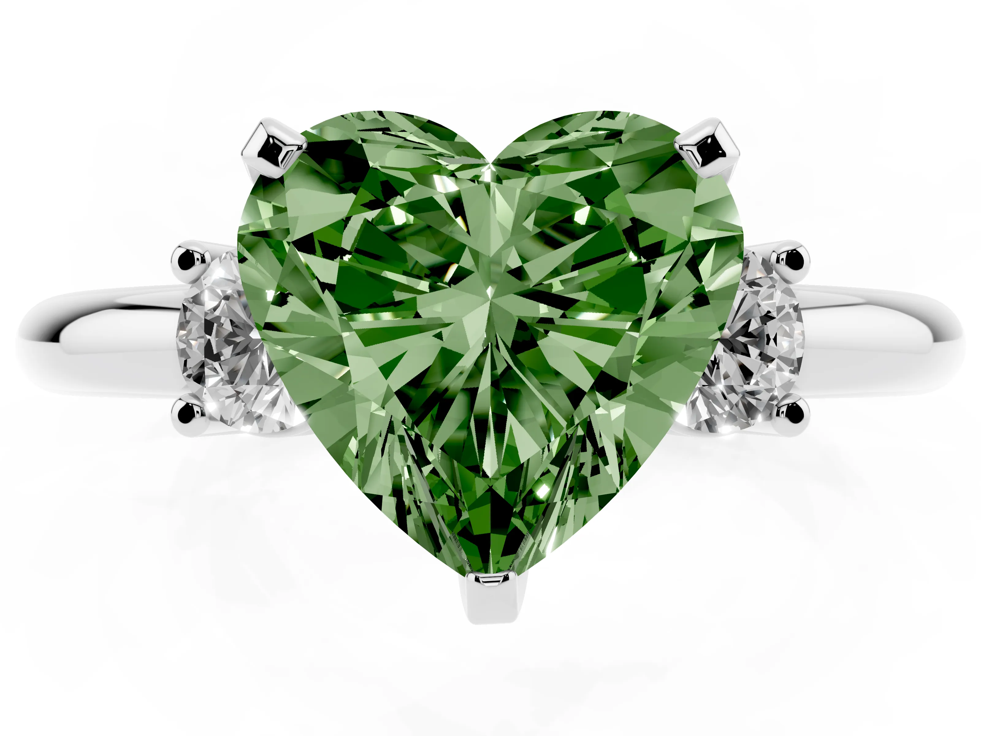 Fancy Green Three-Stone Heart Cut Diamond Ring Set in Silver with Prong Setting and Plain Band