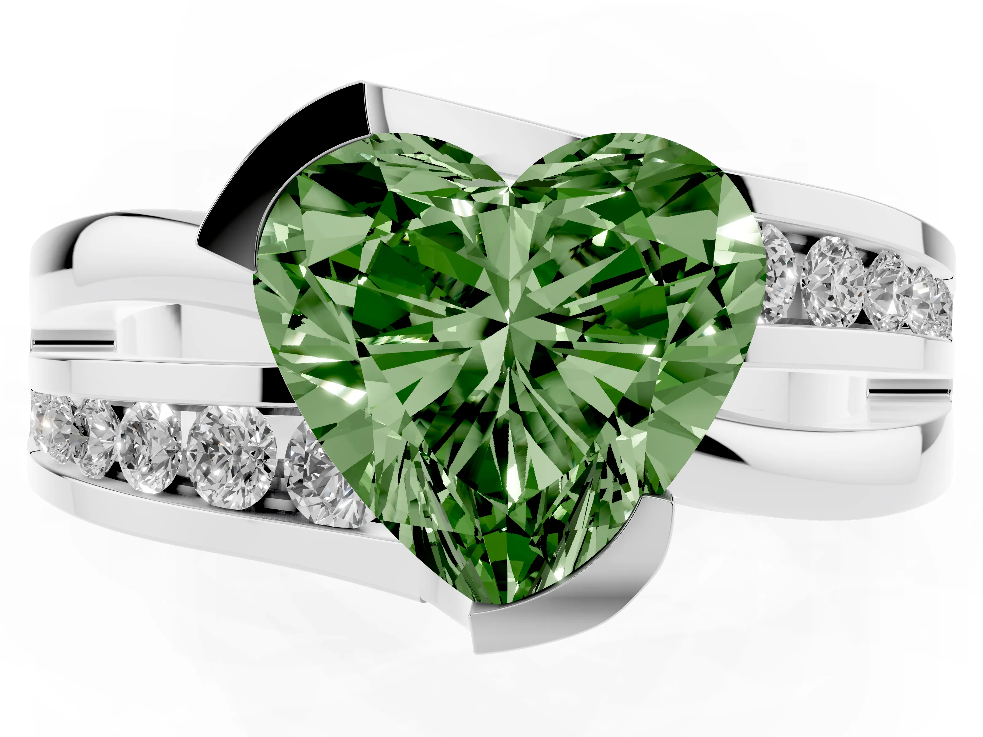 Fancy Green Heart Cut Diamond Solitaire Ring Set in White gold with Channel Set Split Shank and Tension Prongs