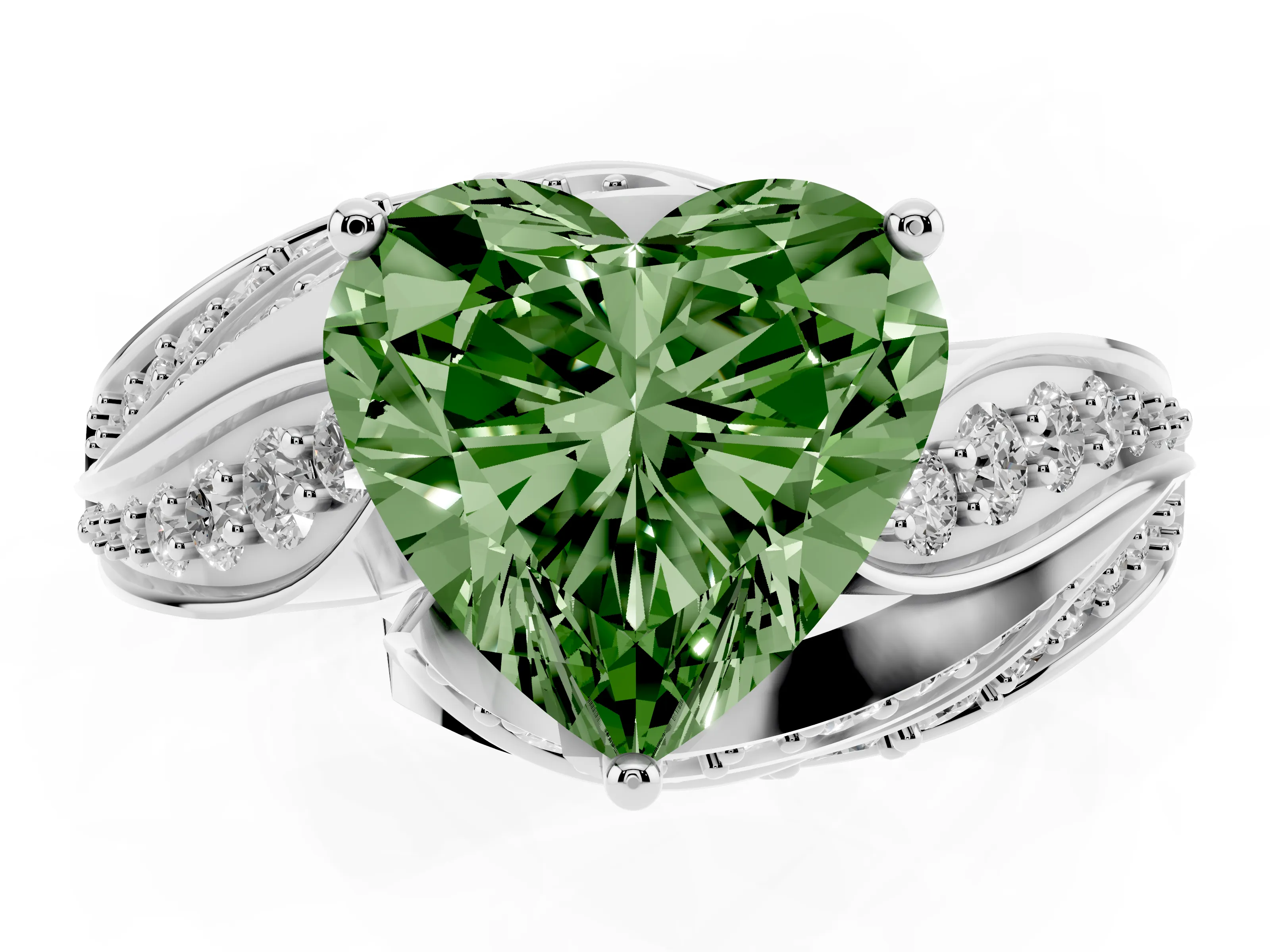 Fancy Green Heart Cut Diamond Solitaire Ring Set in Platinum with Layered Twist Pavé Band