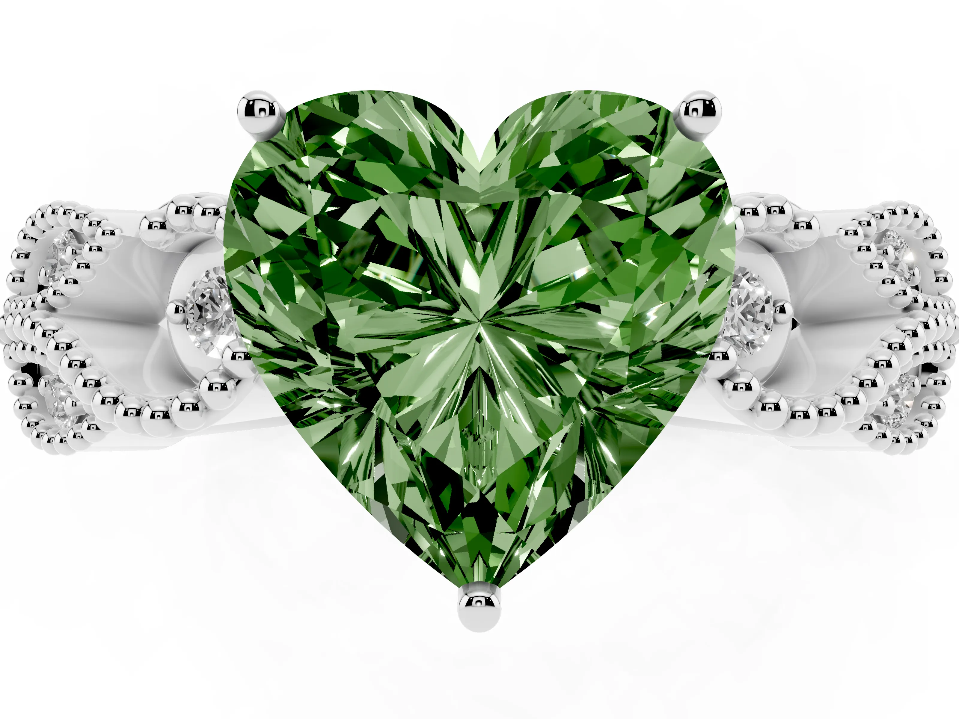 Fancy Green Heart Cut Diamond Milgrain Leaf Band Solitaire Ring Set in White gold with Accent Stones and Prong Setting