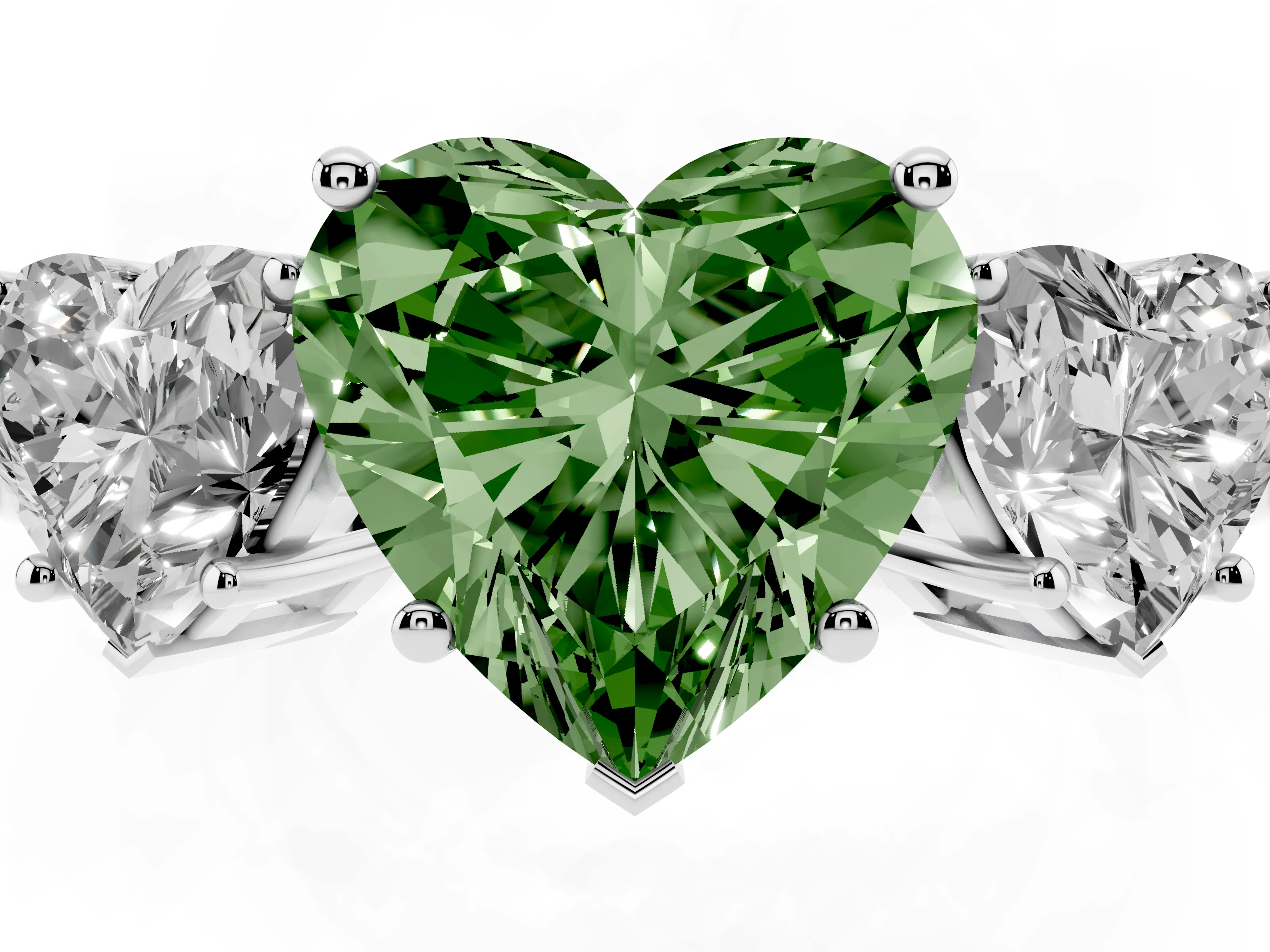 Fancy Green Heart Cut Diamond Three-Stone Engagement Ring Set in Platinum with Flat Band