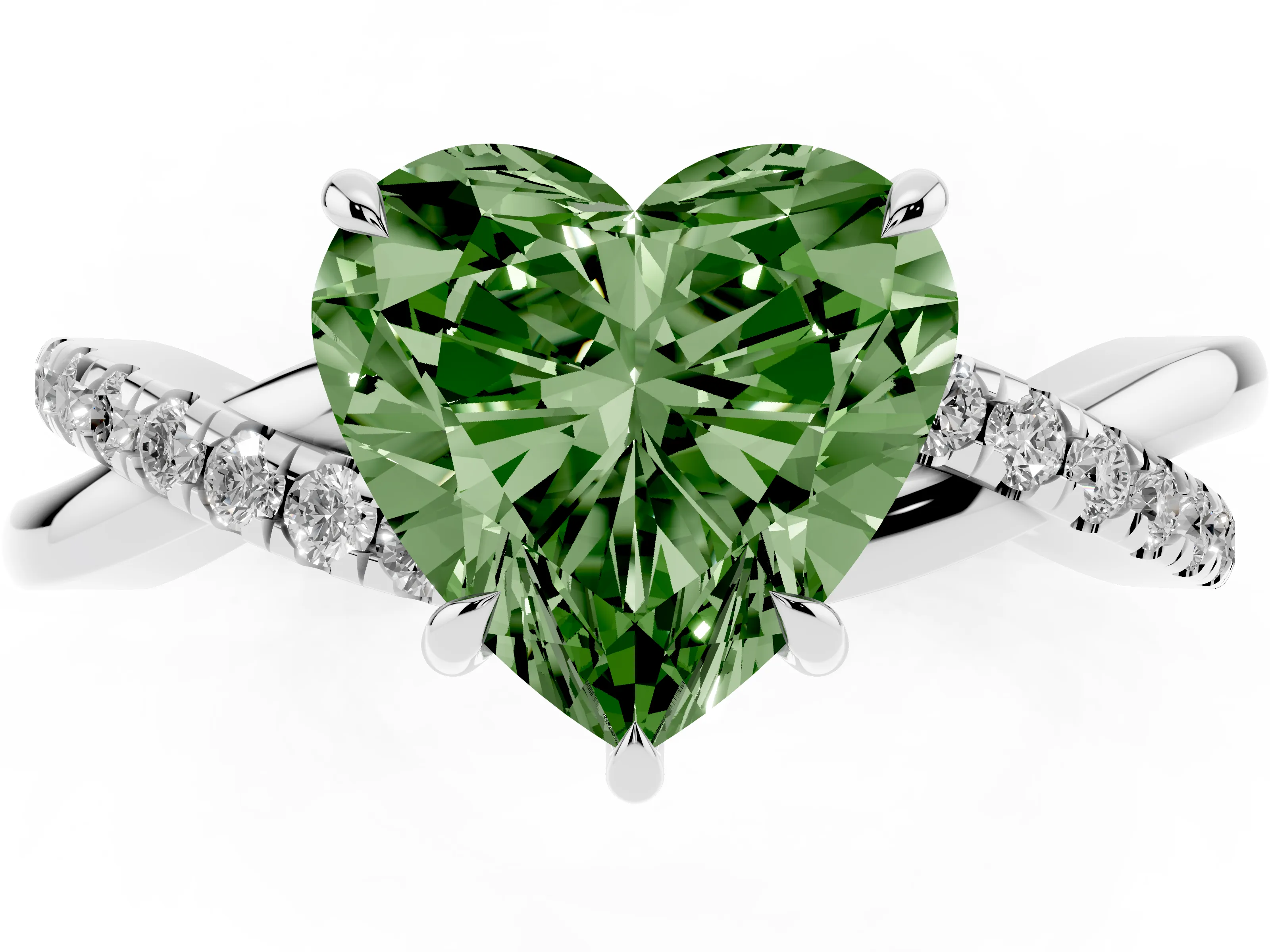 Fancy Green Heart Cut Diamond Twisted Pavé Band Ring Set in Platinum with Prong Setting