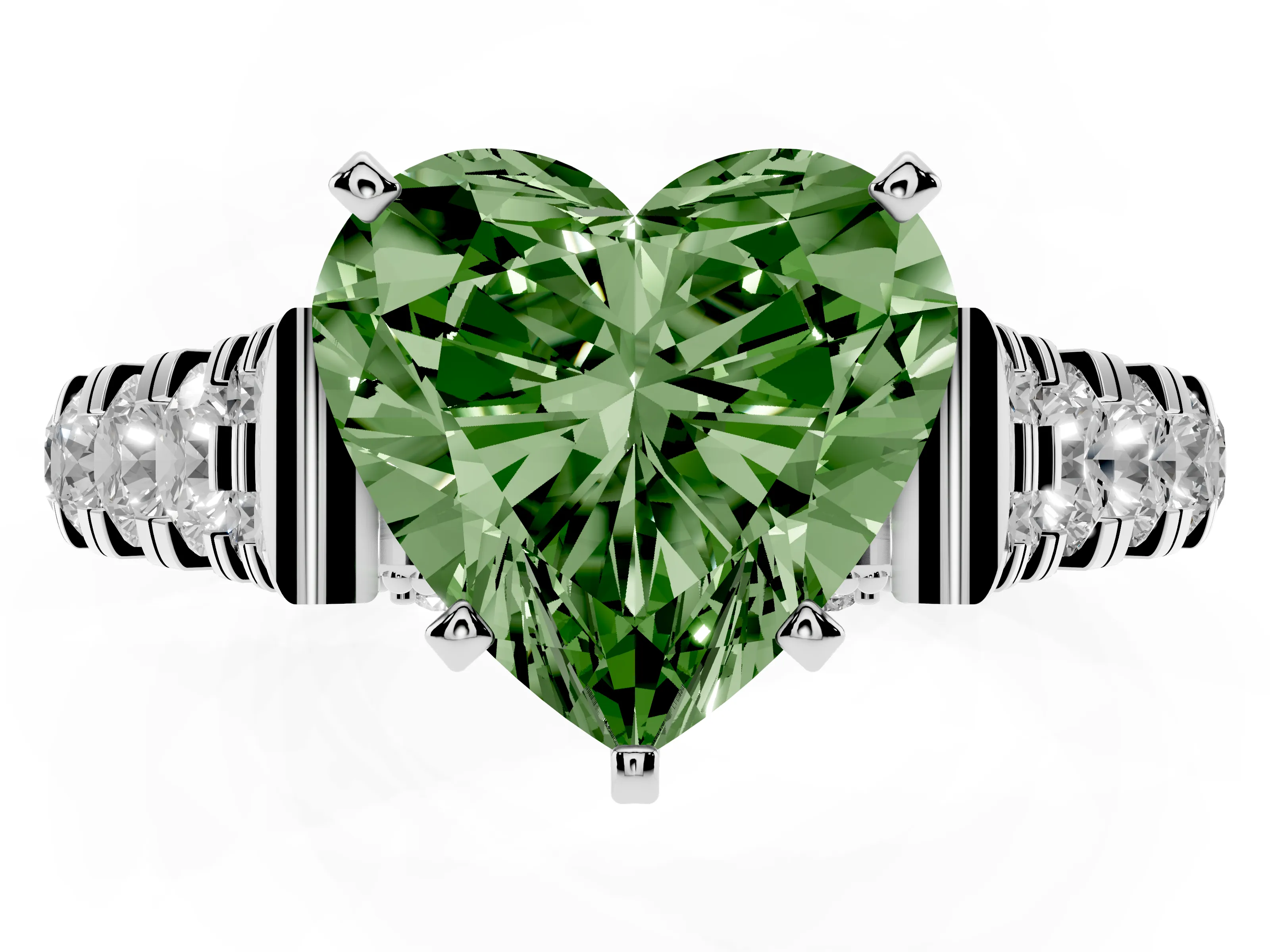 Fancy Green Heart Cut Diamond Classic Solitaire Ring Set in Silver with Pavé Band and Prong Setting