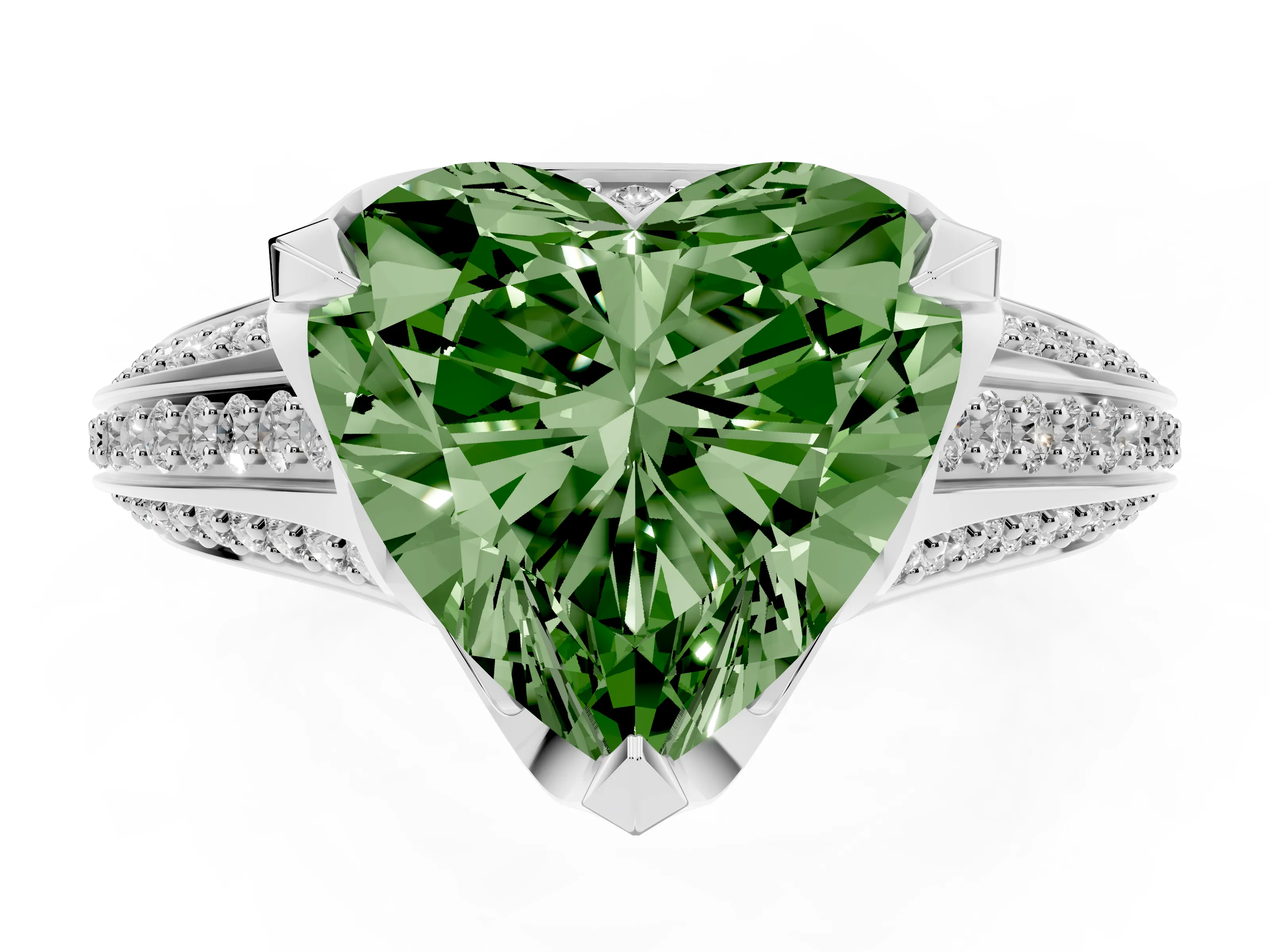 Fancy Green Heart Cut Diamond Pavé Split Shank Solitaire Ring Set in Silver with Prong Setting