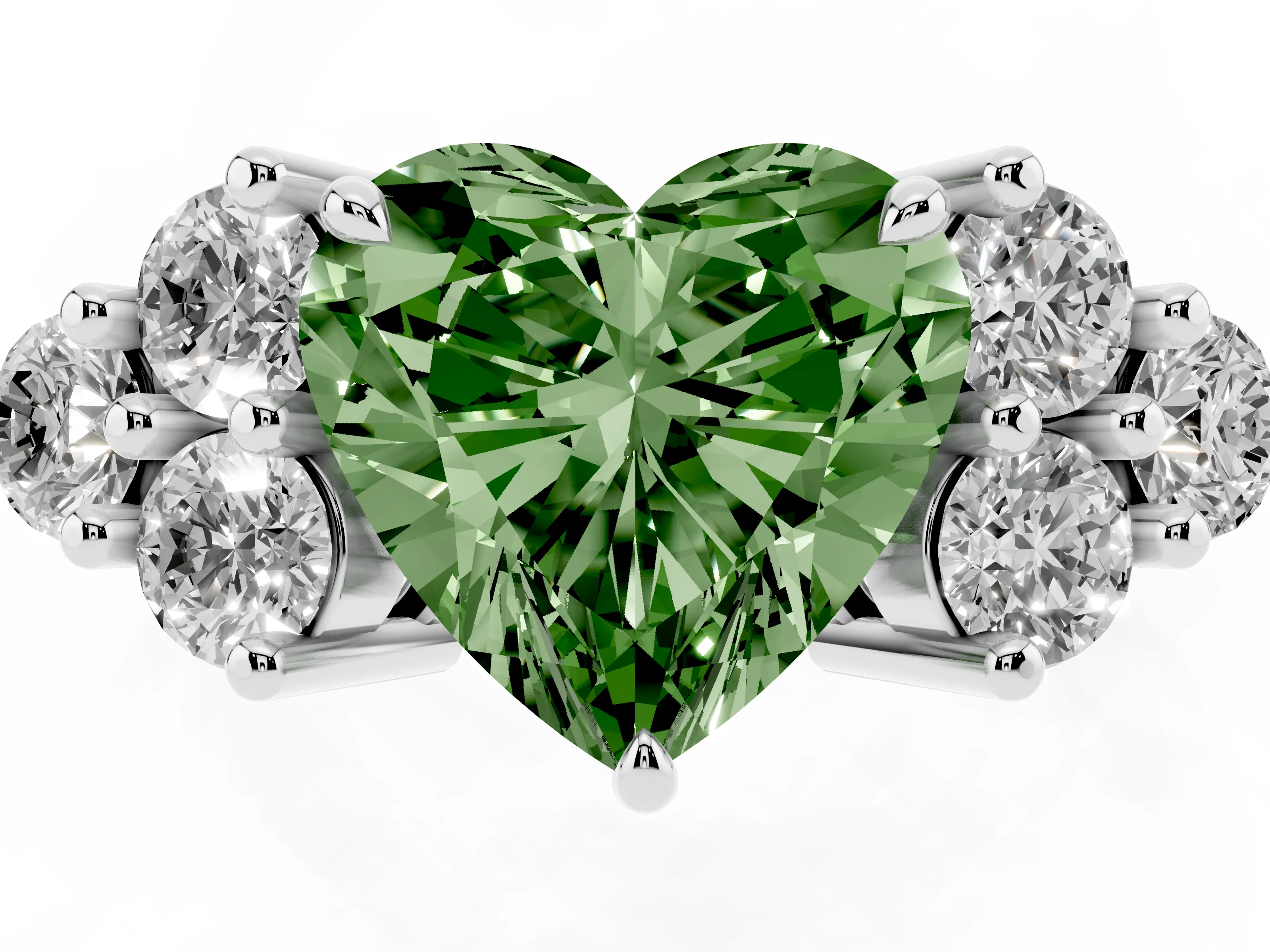 Fancy Green Heart Cut Diamond Solitaire Ring Set in Silver with Cluster Accents on Each Side