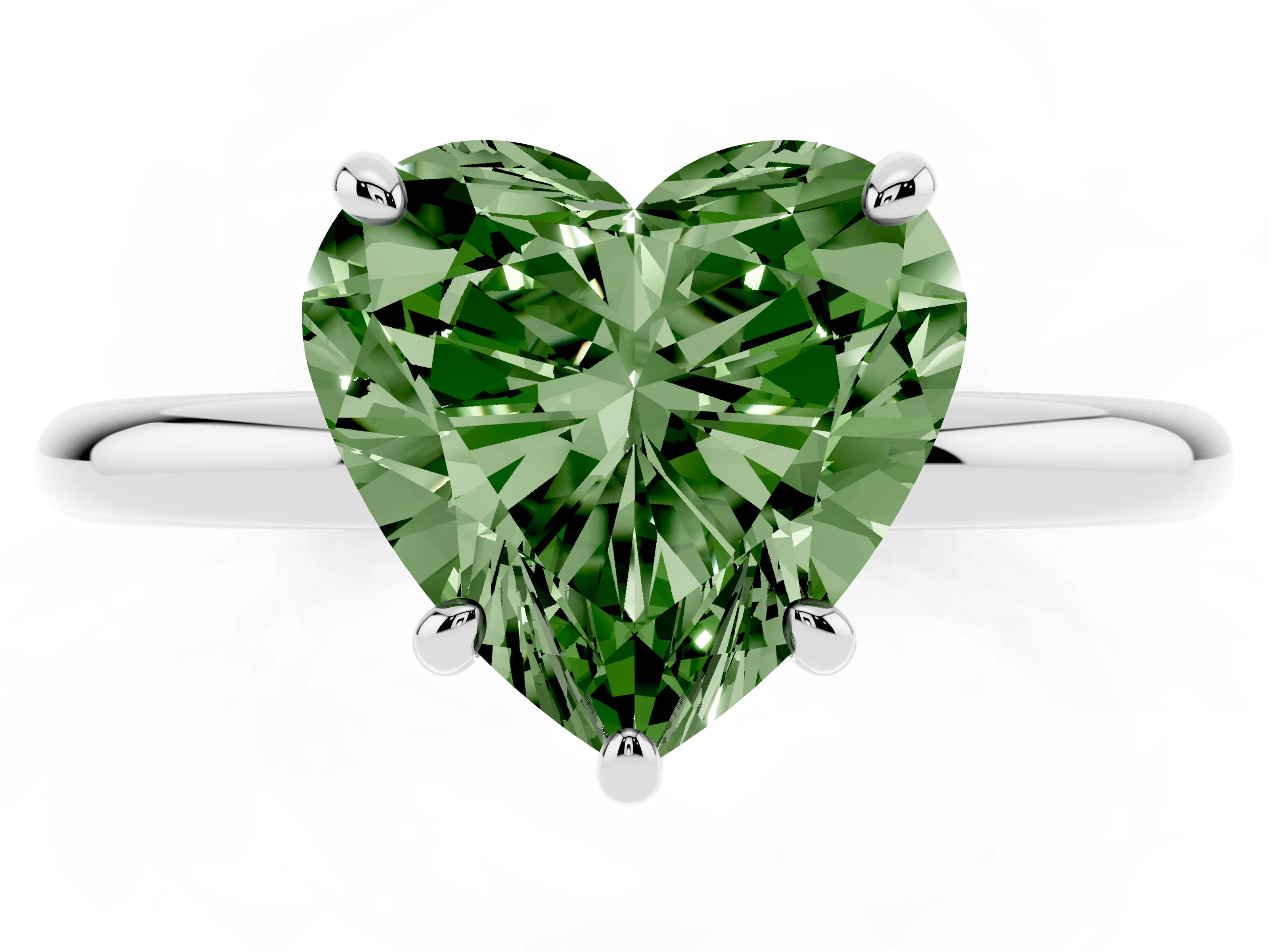 Fancy Green Heart Cut Diamond Solitaire Ring Set in Platinum with Prong Setting on a Polished Plain Band