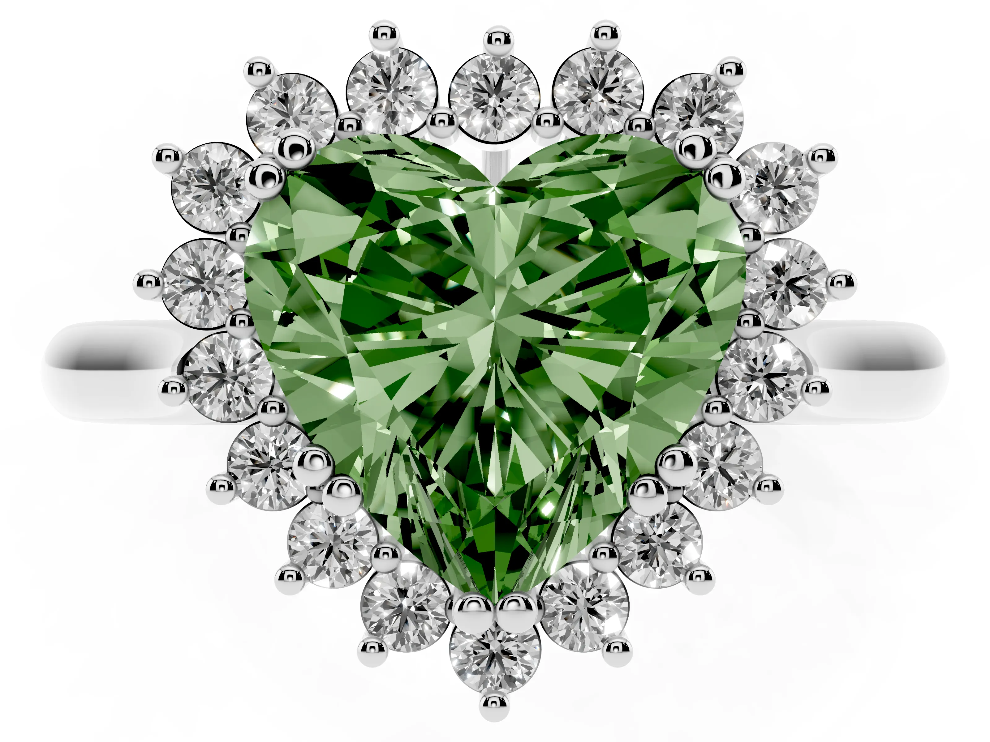 Fancy Green Heart Cut Diamond Halo Ring Set in Silver with Plain Solitaire Band and Prong Setting