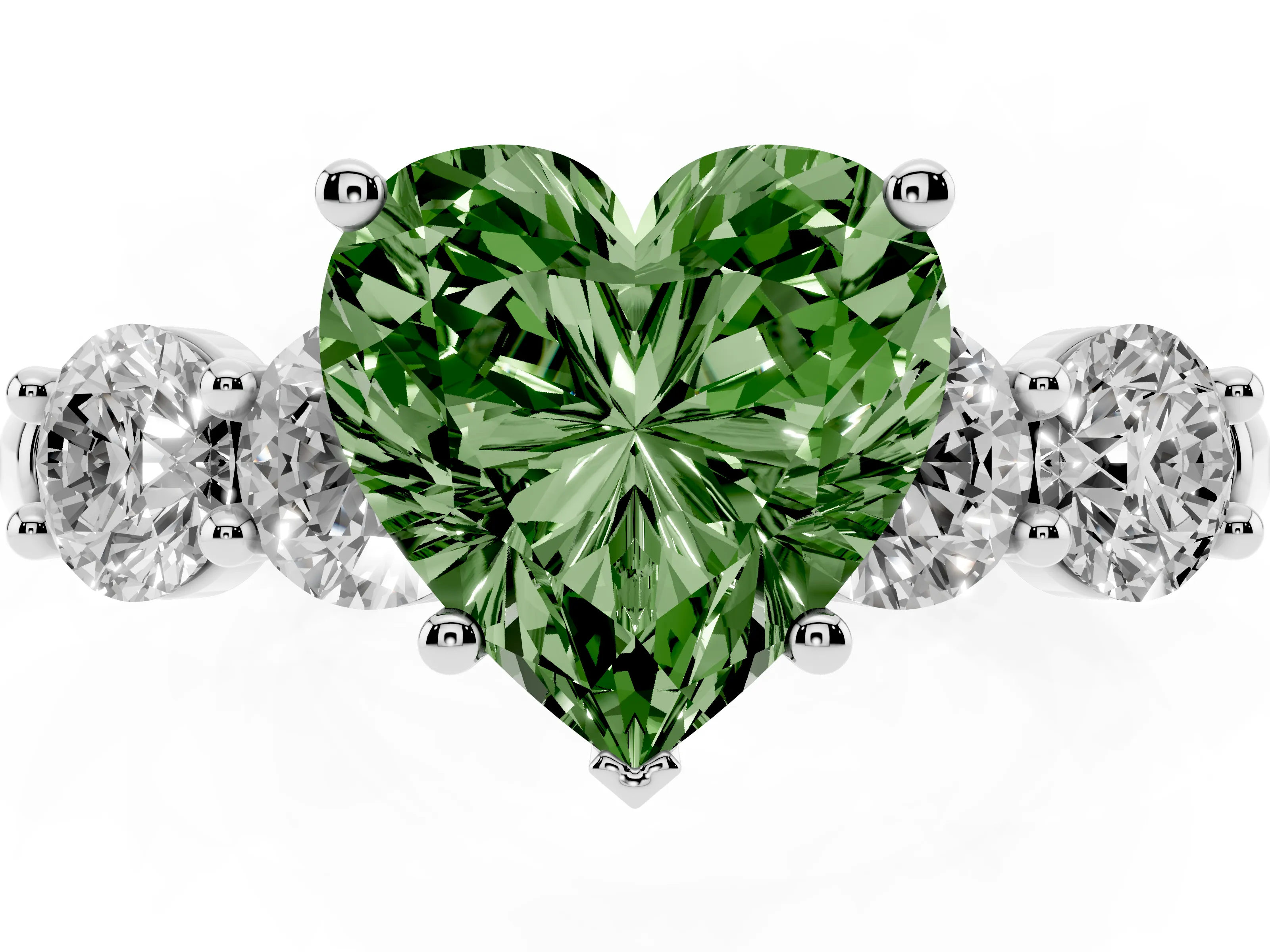 Fancy Green Heart Cut Diamond Five-Stone Prong Set Ring Set in White gold with Classic Band