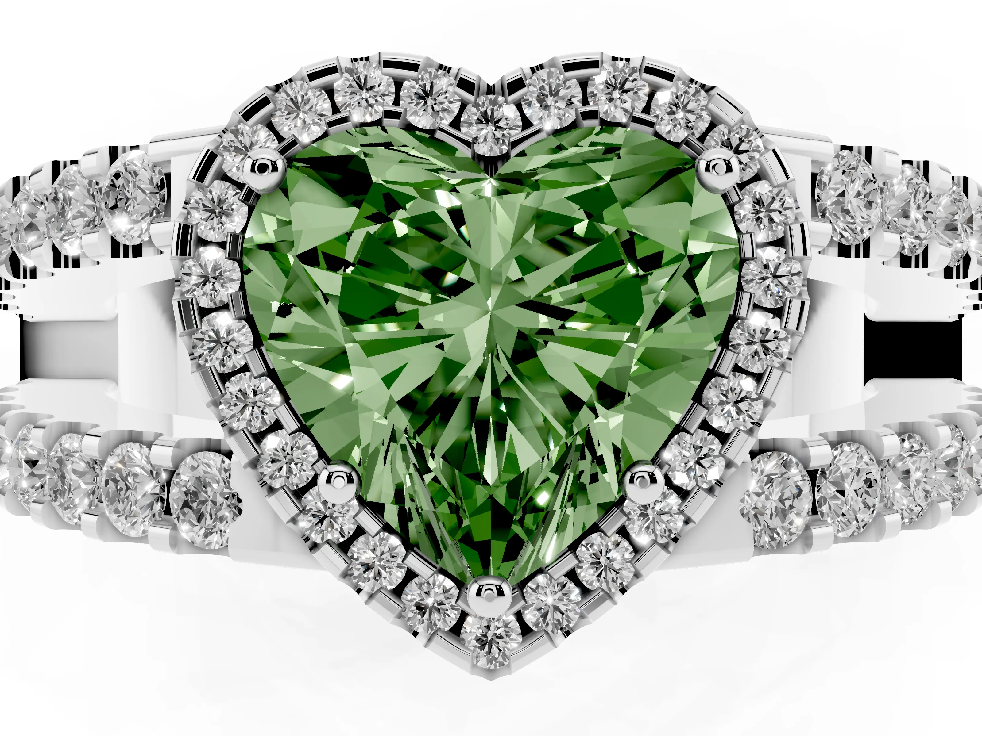 Fancy Green Heart Cut Diamond Halo Ring Set in Silver with Pavé Split Shank and Prong Setting