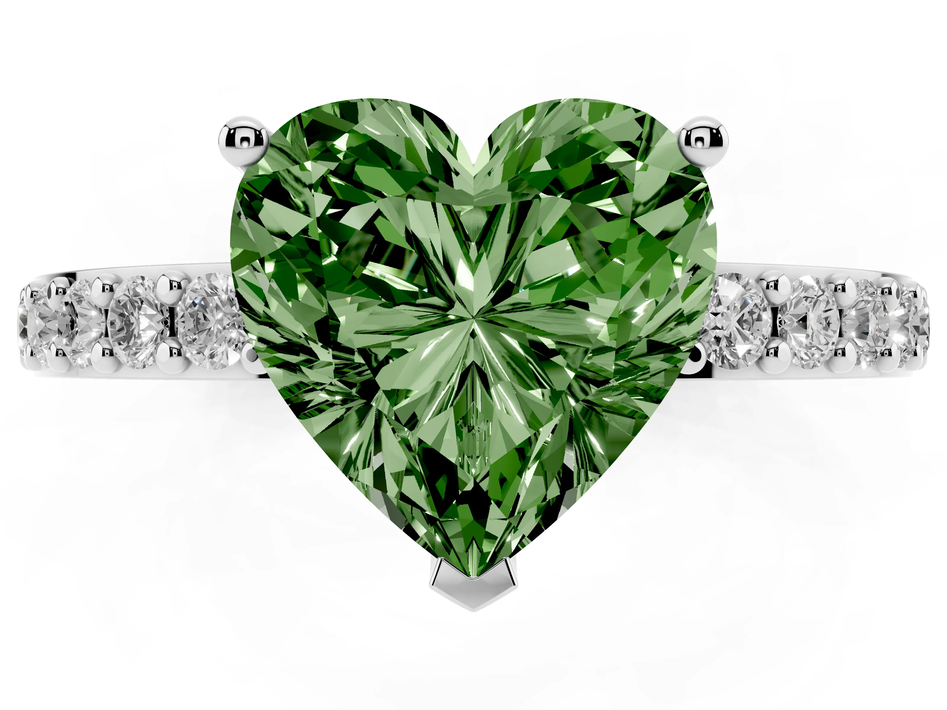 Fancy Green Heart Cut Diamond Solitaire Set in White gold with Round Pavé Band and Prong Setting