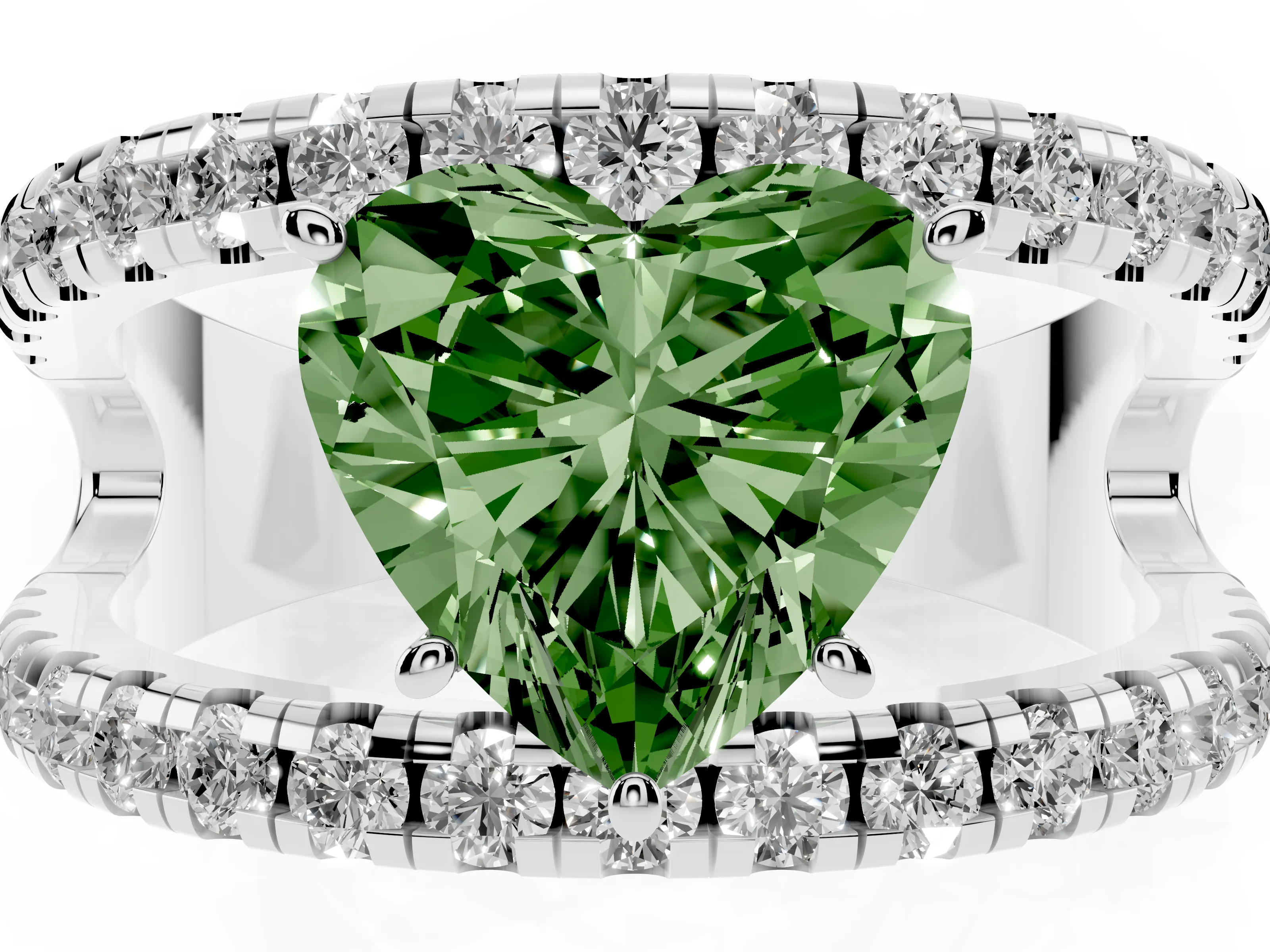Fancy Green Heart Cut Diamond Split Shank Pavé Solitaire Ring Set in Platinum with Open Shank Design