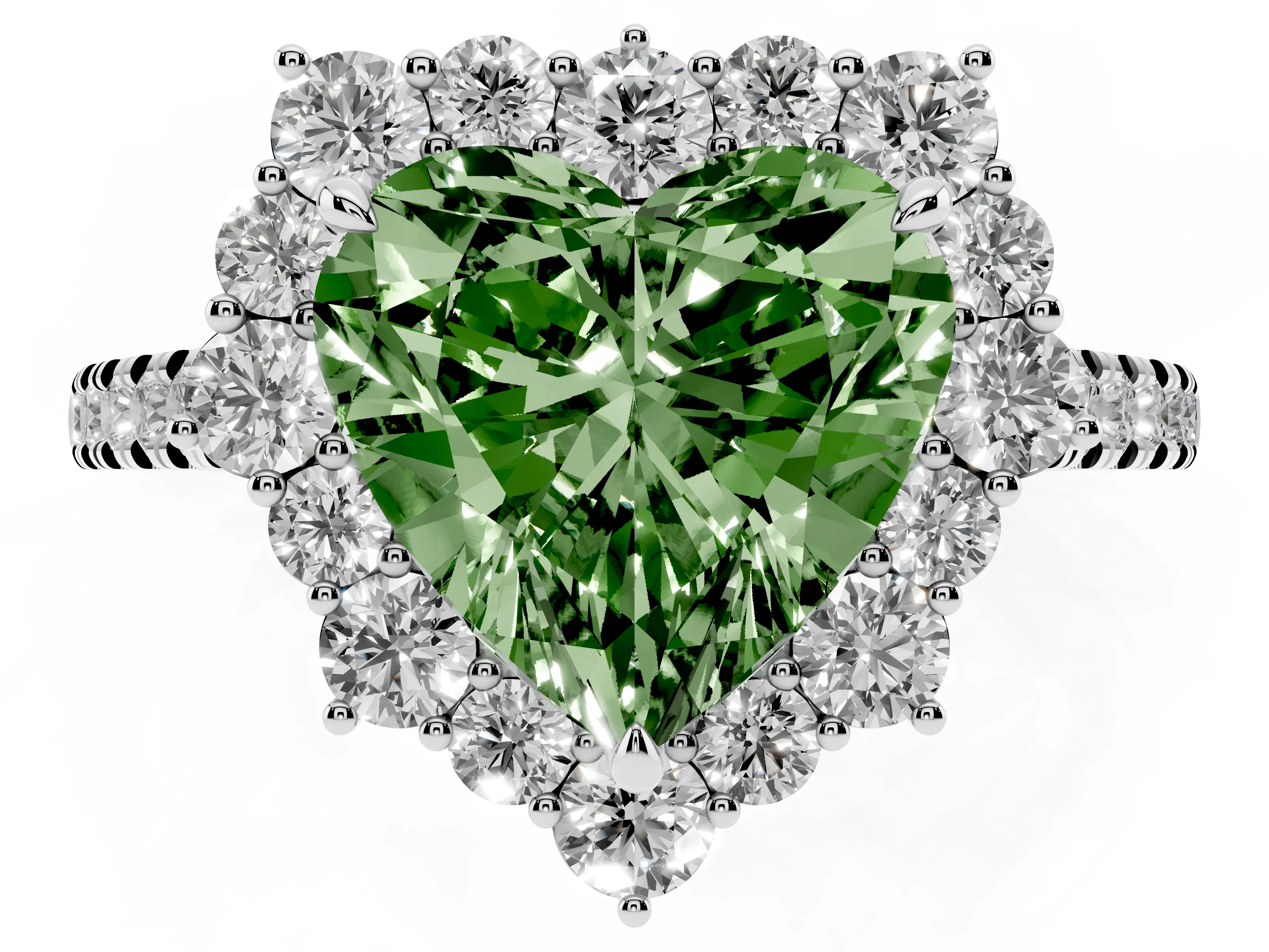Fancy Green Heart Cut Diamond Halo Ring Set in Silver with Pavé Band and Prong Setting