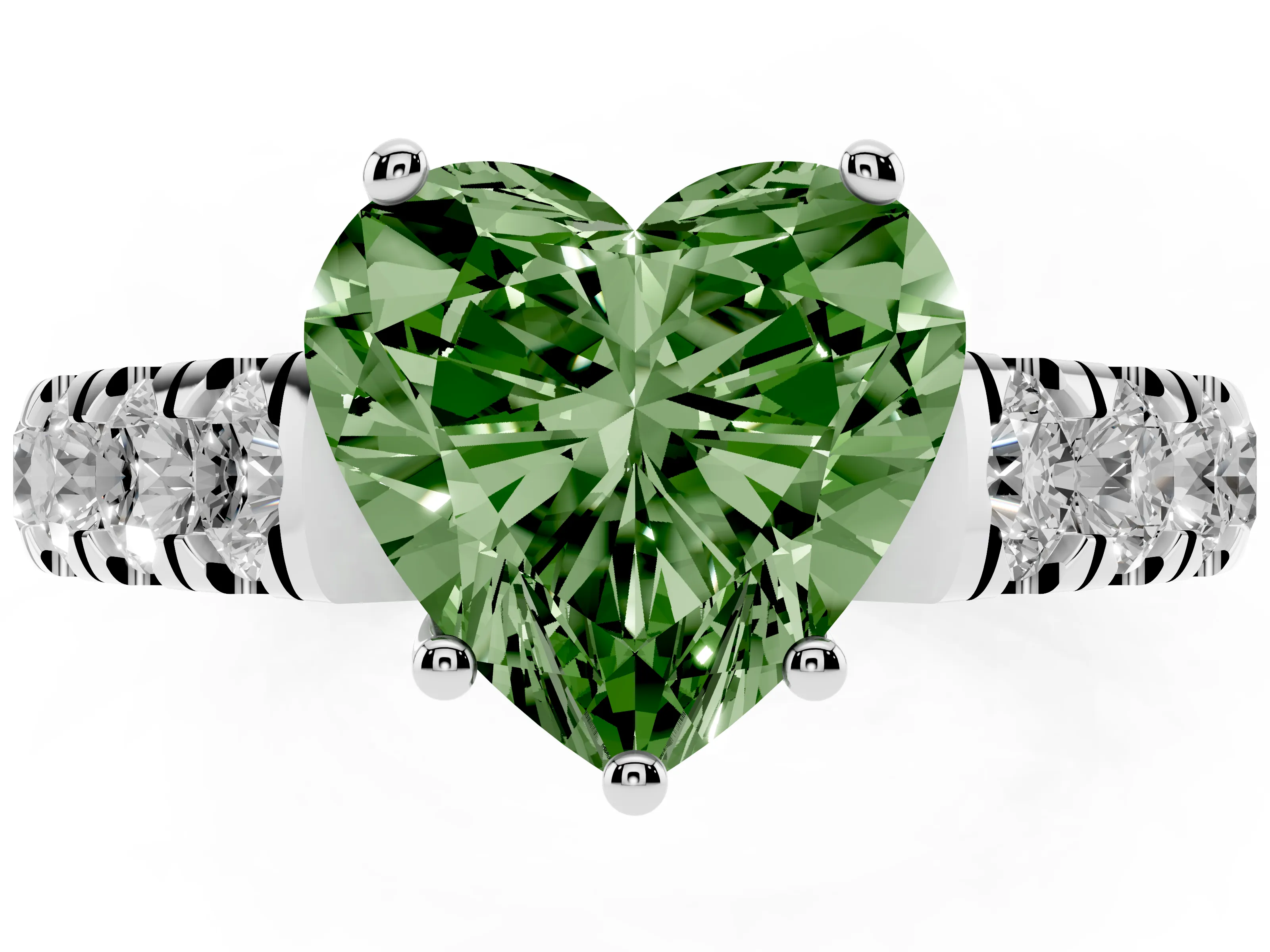 Fancy Green Heart Cut Diamond Solitaire Ring Set in White gold with Cut-Down Micro Pavé Band and Prong Setting