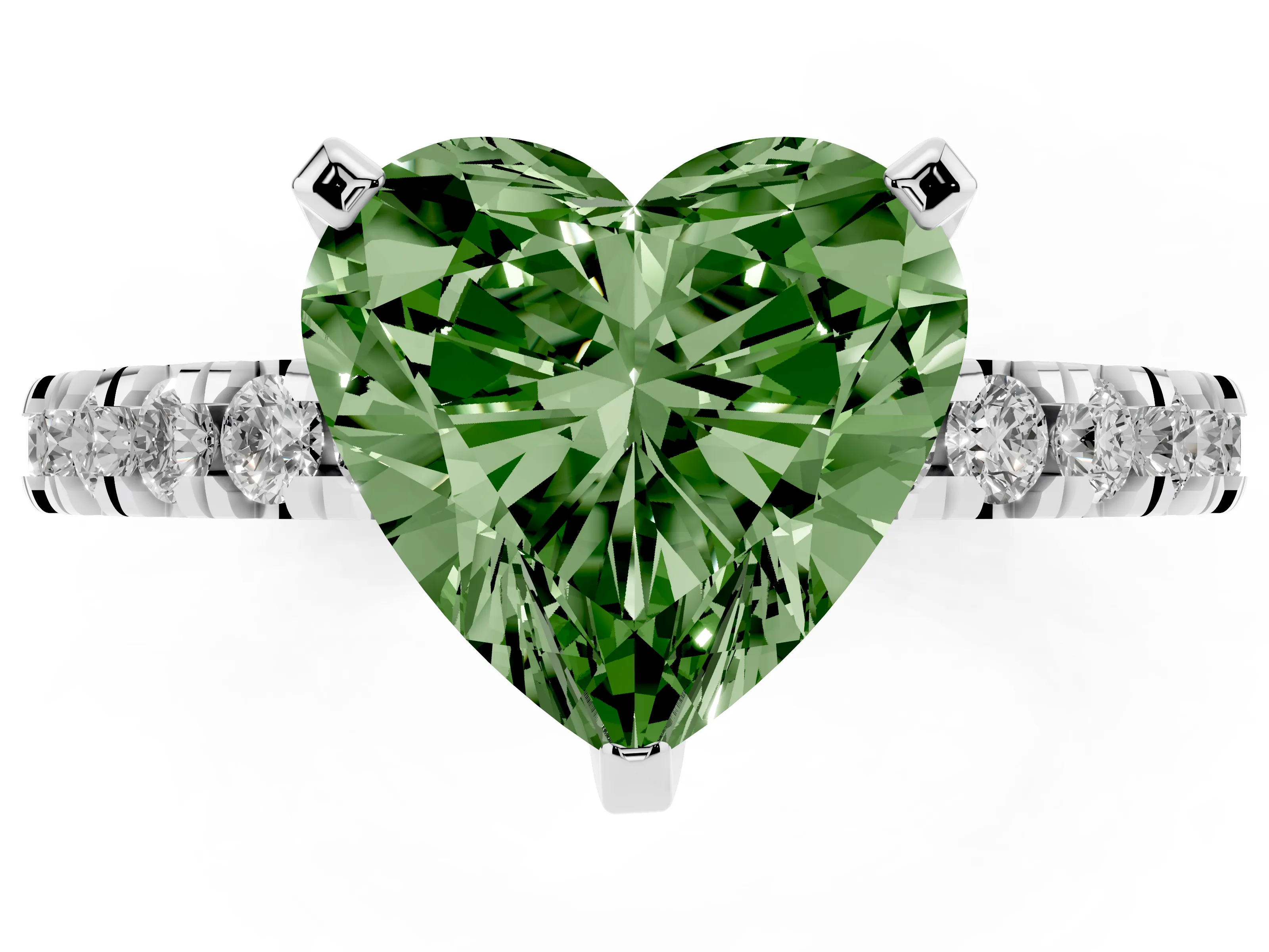 Fancy Green Heart Cut Diamond Pavé Band Solitaire Set in White gold with Prong Setting