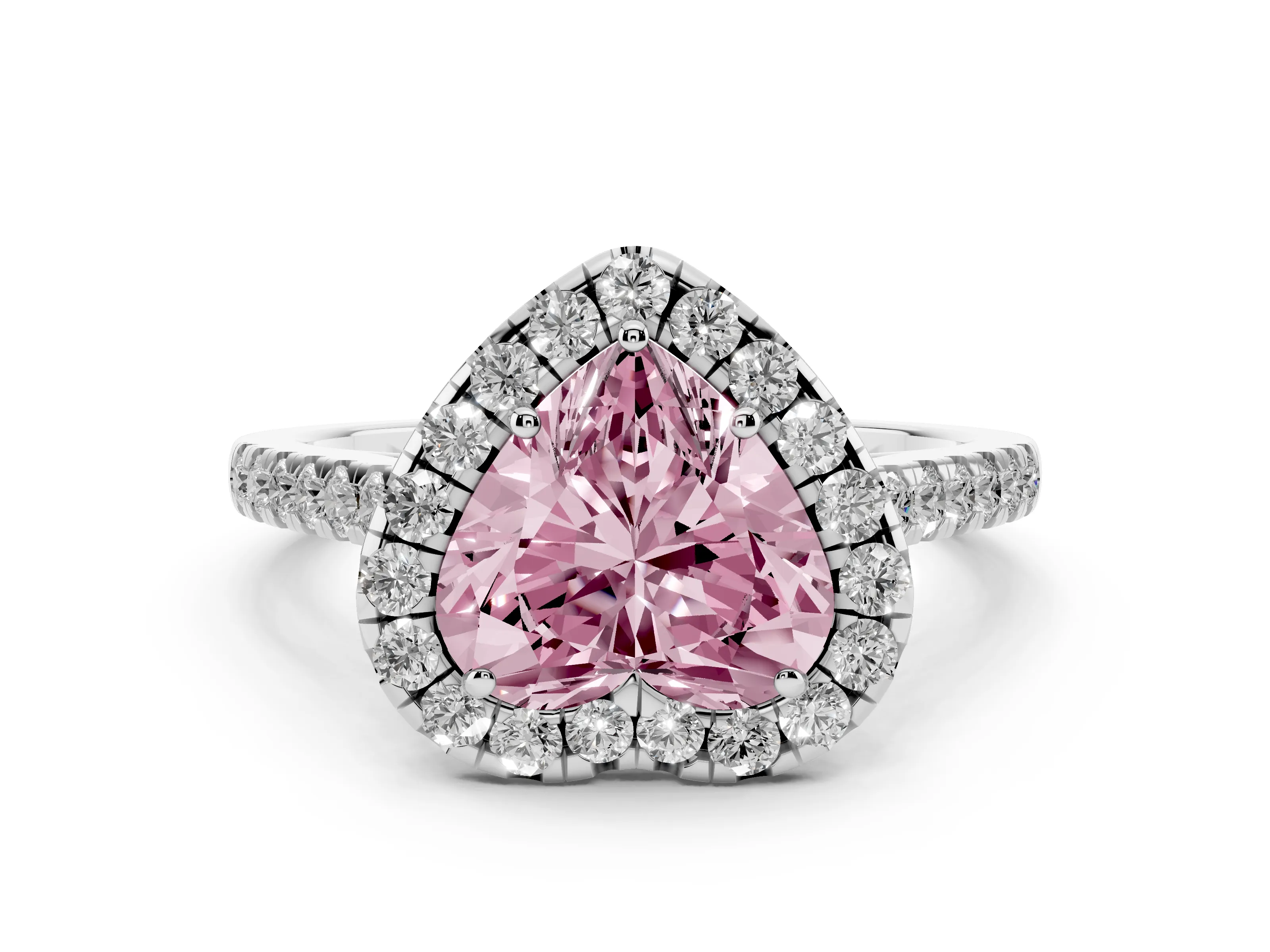 Fancy Pink Heart Cut Diamond Halo Pavé Engagement Ring Set in Platinum with Prong Setting