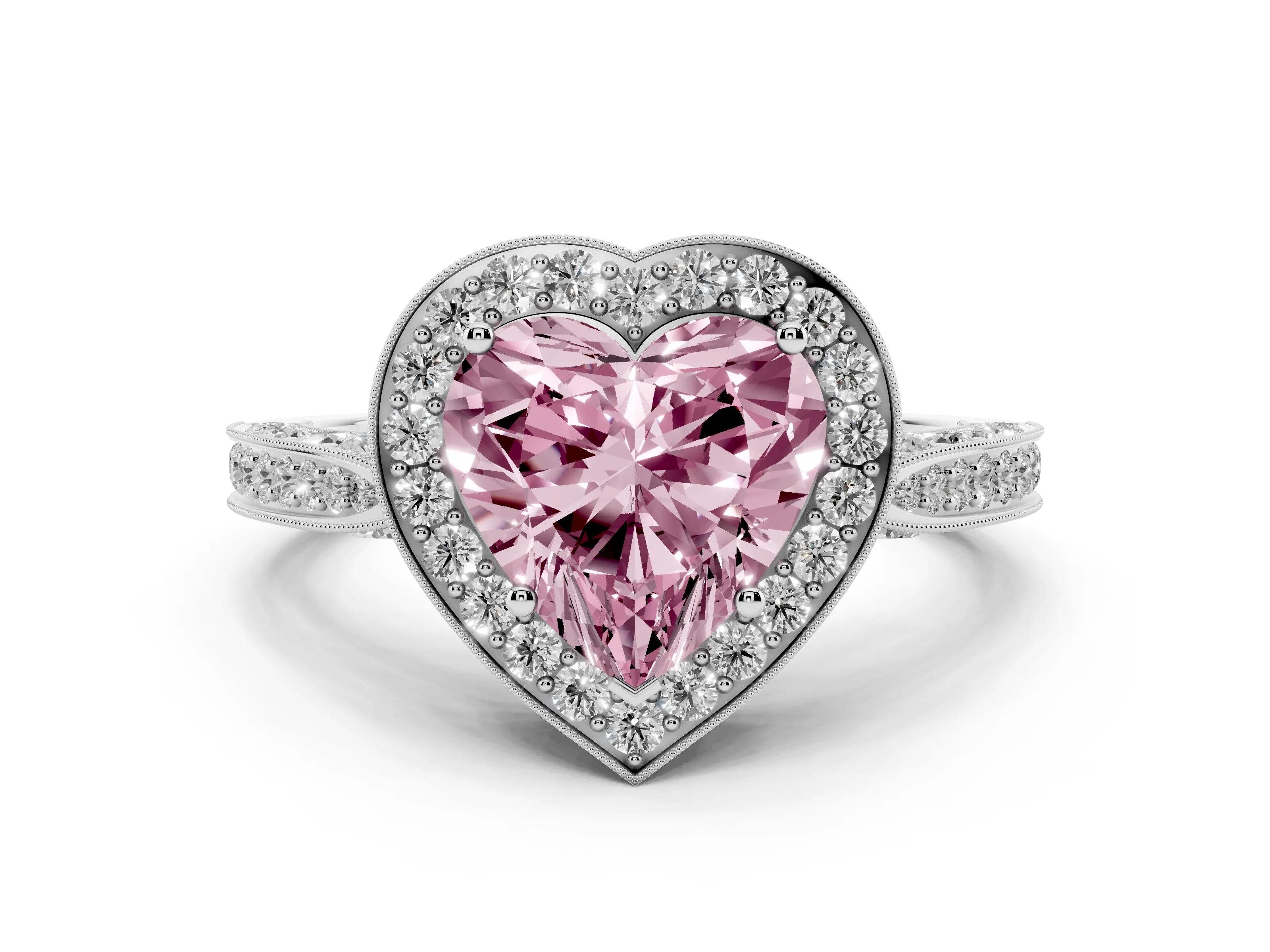 Fancy Pink Heart Cut Diamond Halo Engagement Ring Set in White gold with Accent Split Shank Band