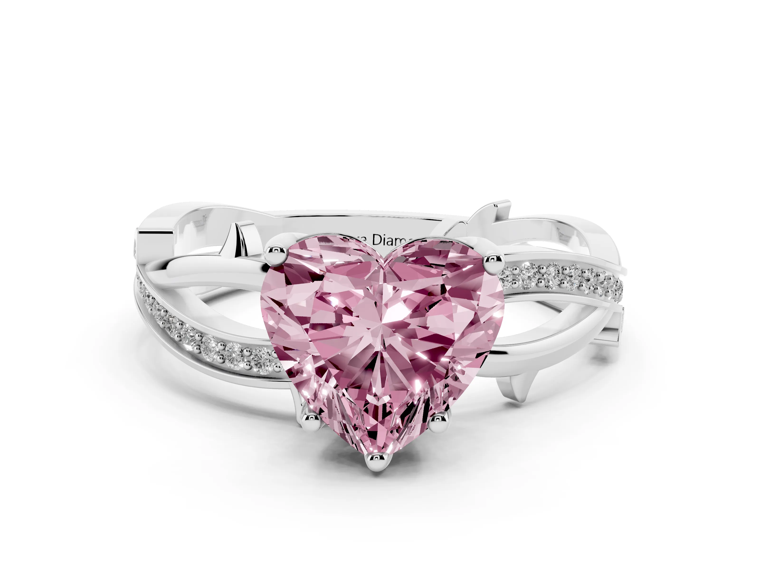 Fancy Pink Heart Cut Diamond Pavé Twist Band Solitaire Ring Set in White gold with Prong Setting