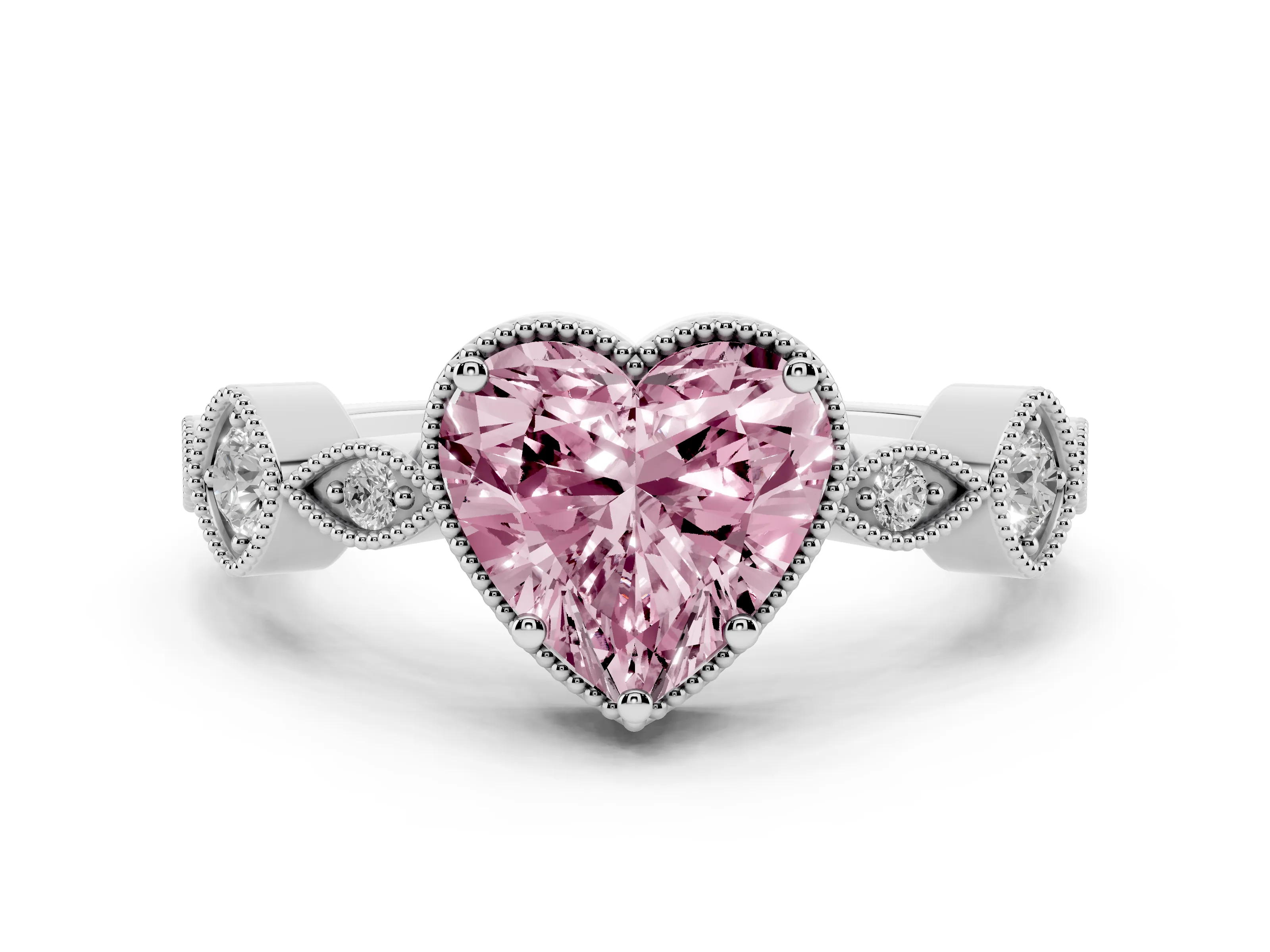 Fancy Pink Heart Cut Diamond Vintage-Inspired Milgrain Ring Set in White gold with Marquise Stations of Round Accents