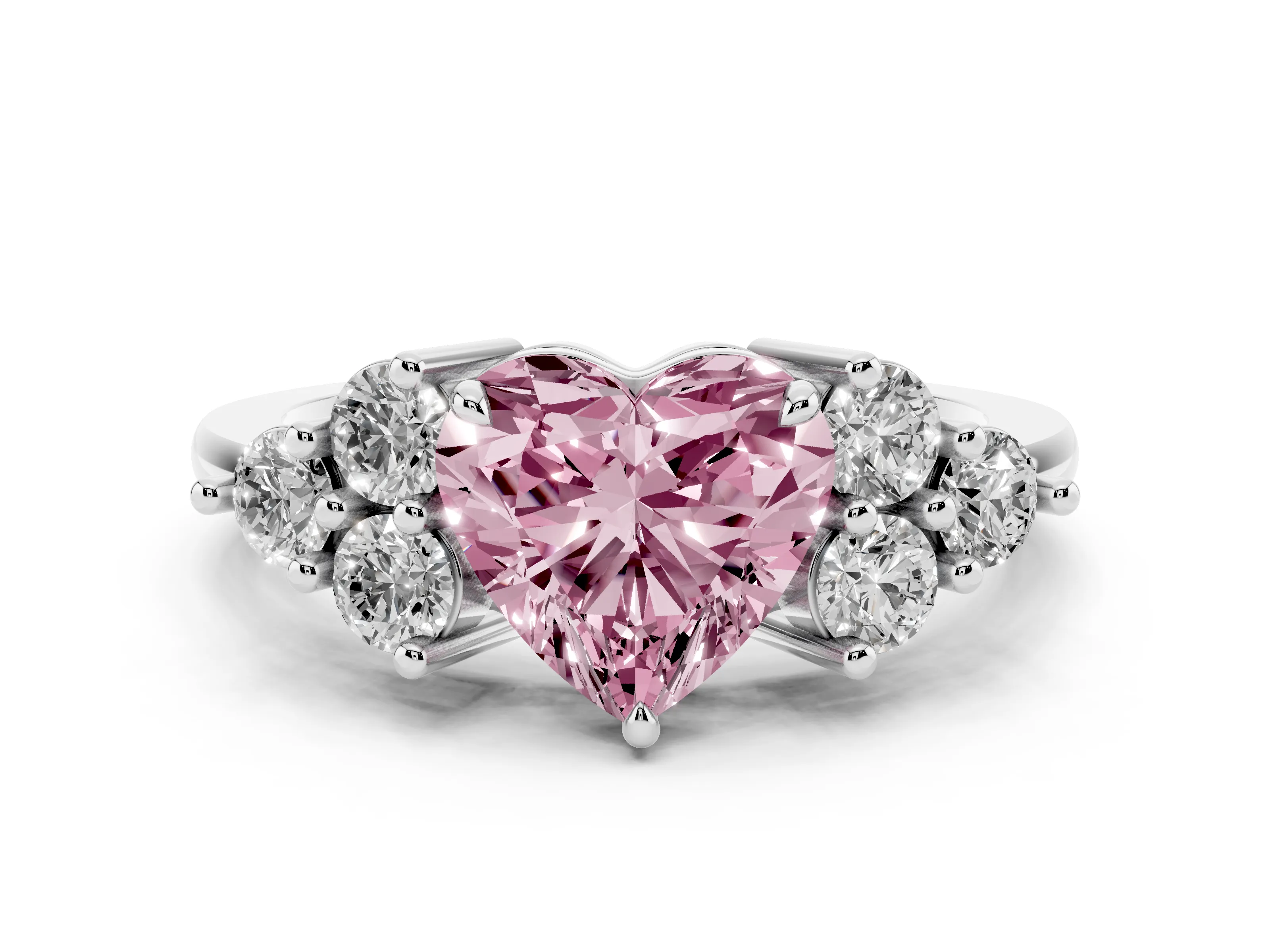 Fancy Pink Heart Cut Diamond Solitaire Ring Set in Platinum with Cluster Accents on Each Side