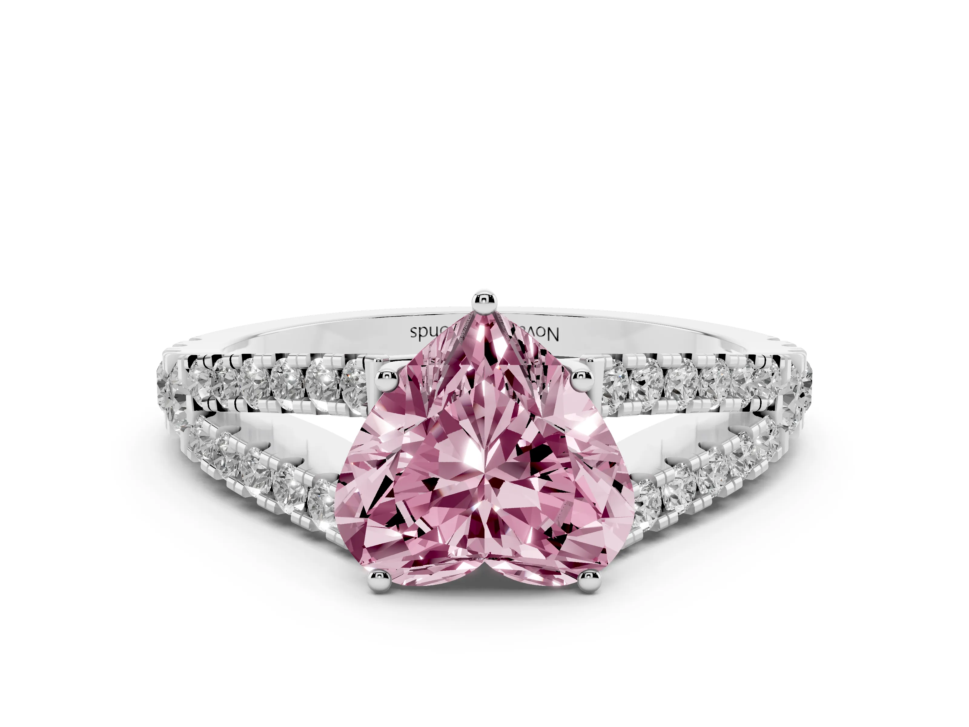 Fancy Pink Heart Cut Diamond Split Shank Pavé Engagement Ring Set in Platinum with Prong-Held Center Stone