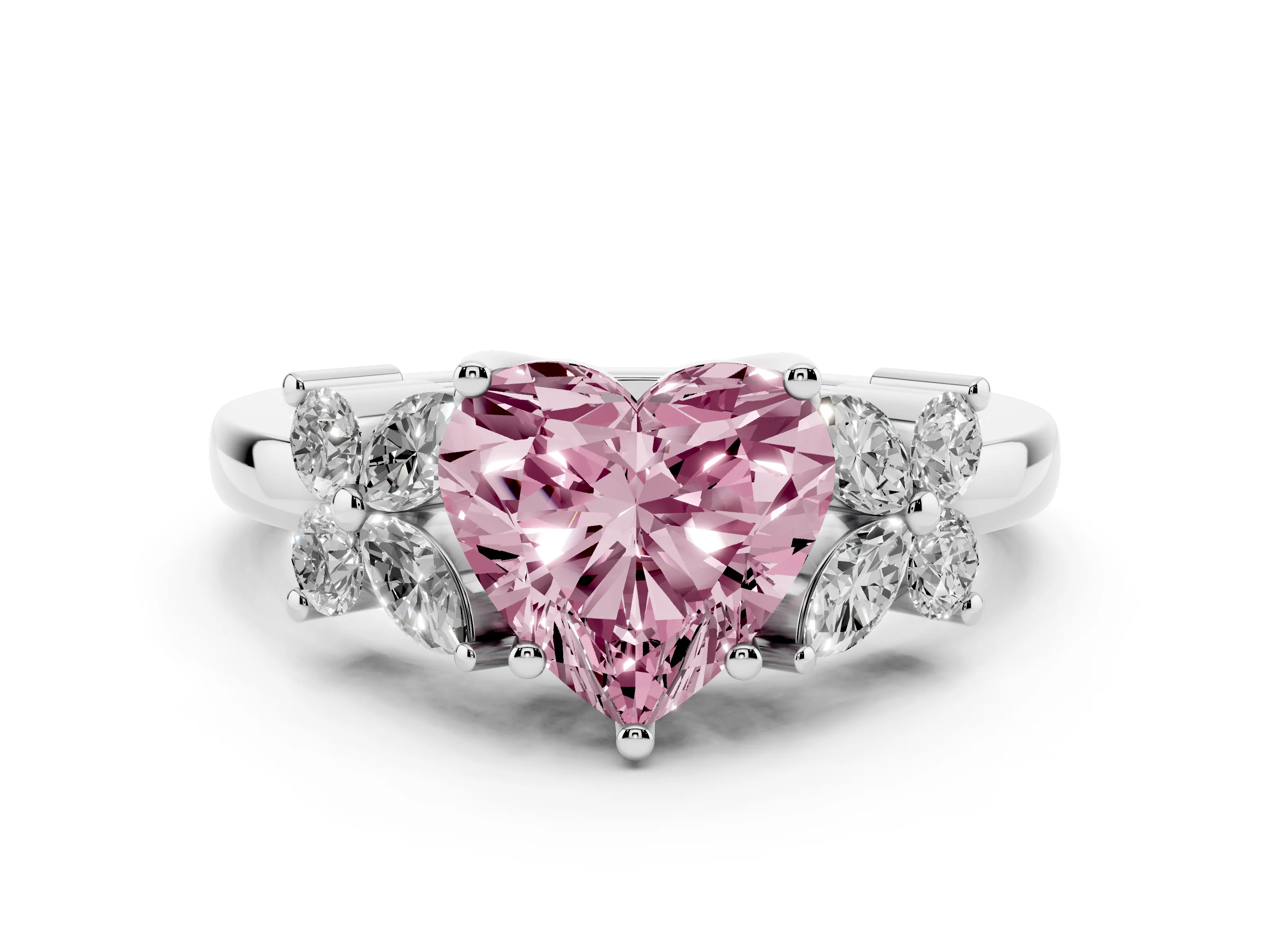 Fancy Pink Heart Cut Diamond Floral Cluster Ring Set in Platinum with Marquise Petals and Prong Setting