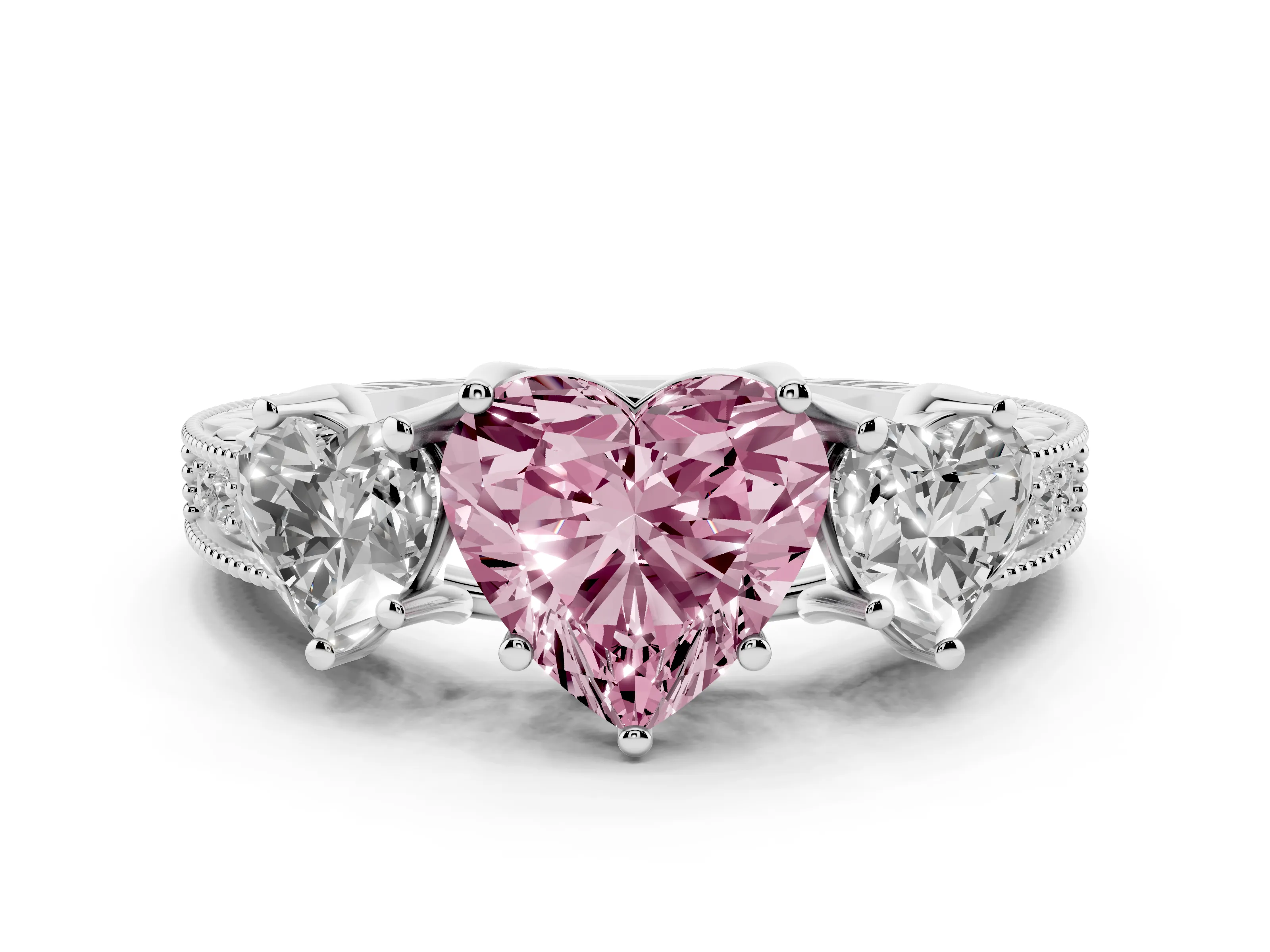 Fancy Pink Heart Cut Diamond Three-Stone Engagement Ring Set in Silver with Milgrain Pavé Band