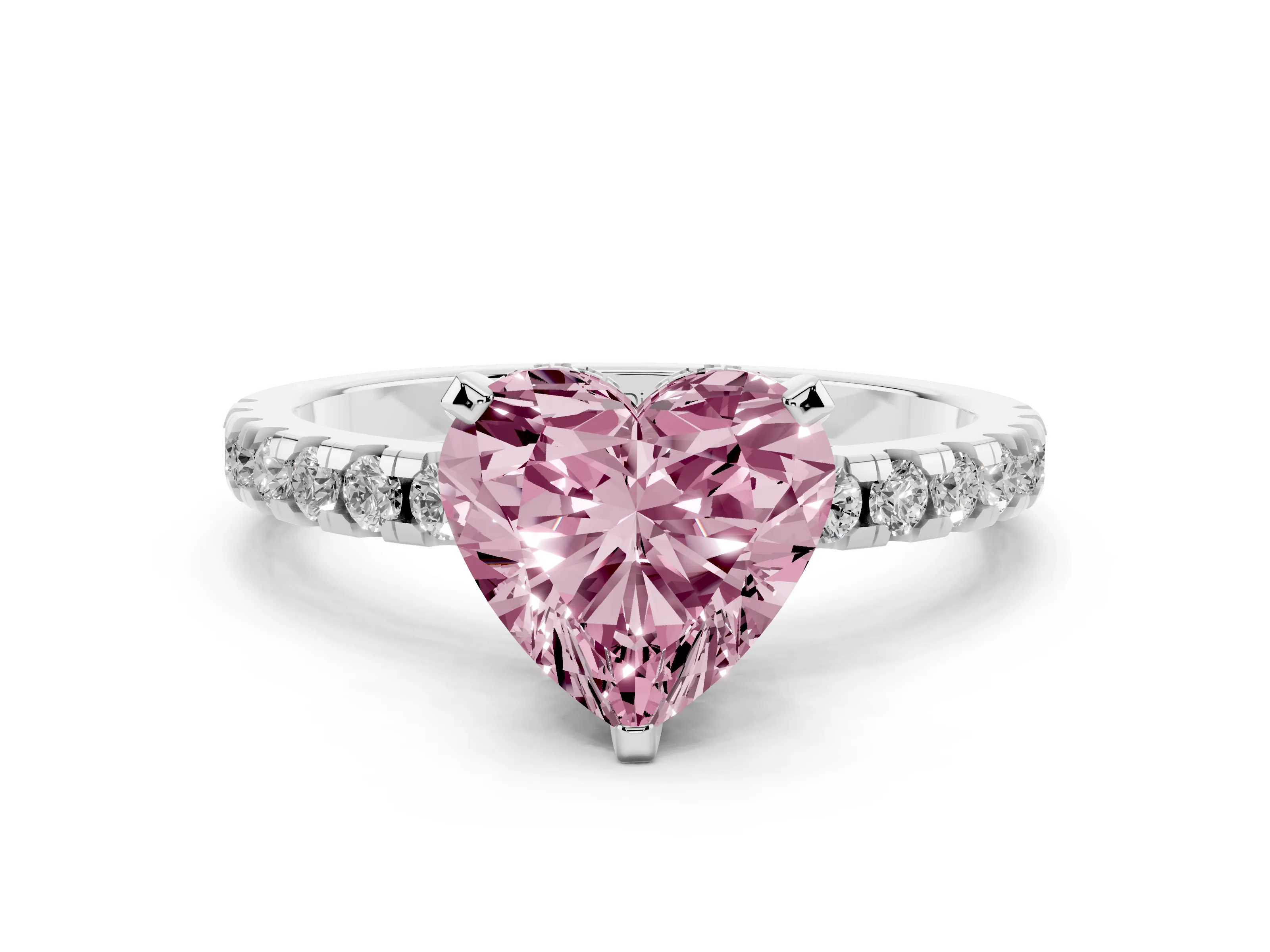 Fancy Pink Heart Cut Diamond Pavé Solitaire Ring Set in Platinum with Round Band Accents and Prong Setting