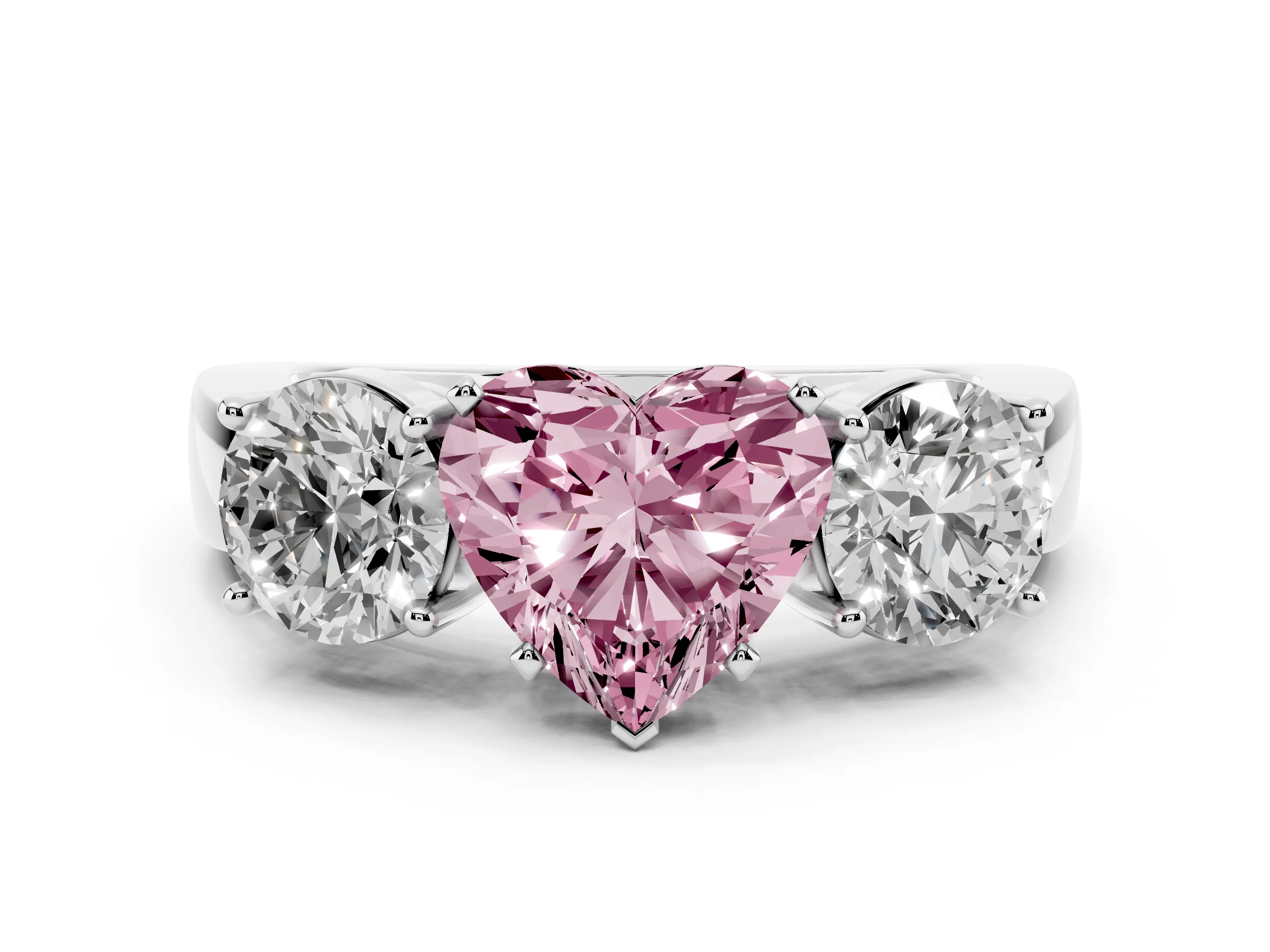 Fancy Pink Heart Cut Diamond Three-Stone Ring Set in Platinum with Round Side Stones and Classic Band