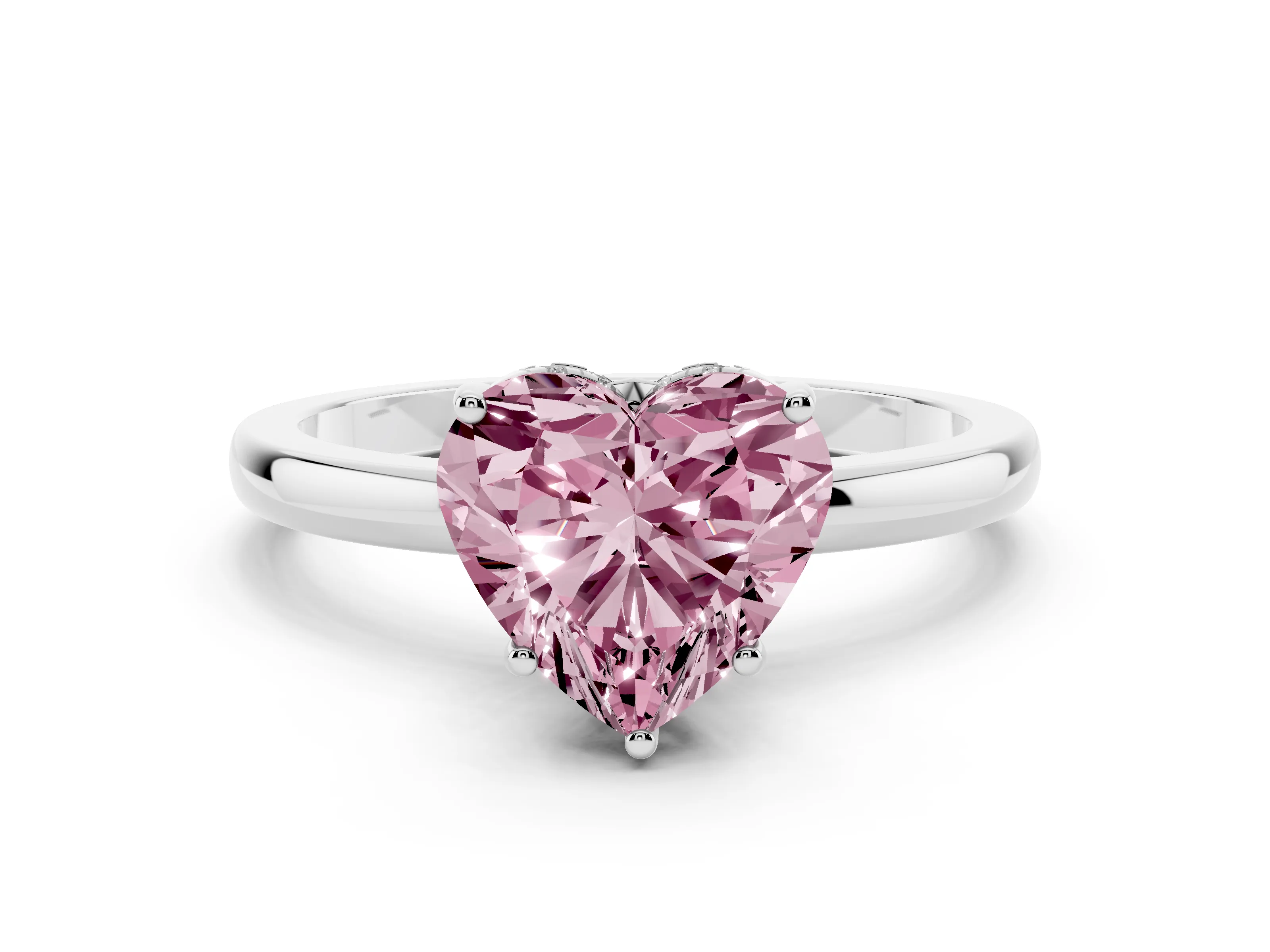 Fancy Pink Heart Cut Diamond Solitaire Ring Set in Silver with Plain Band and Prong Setting